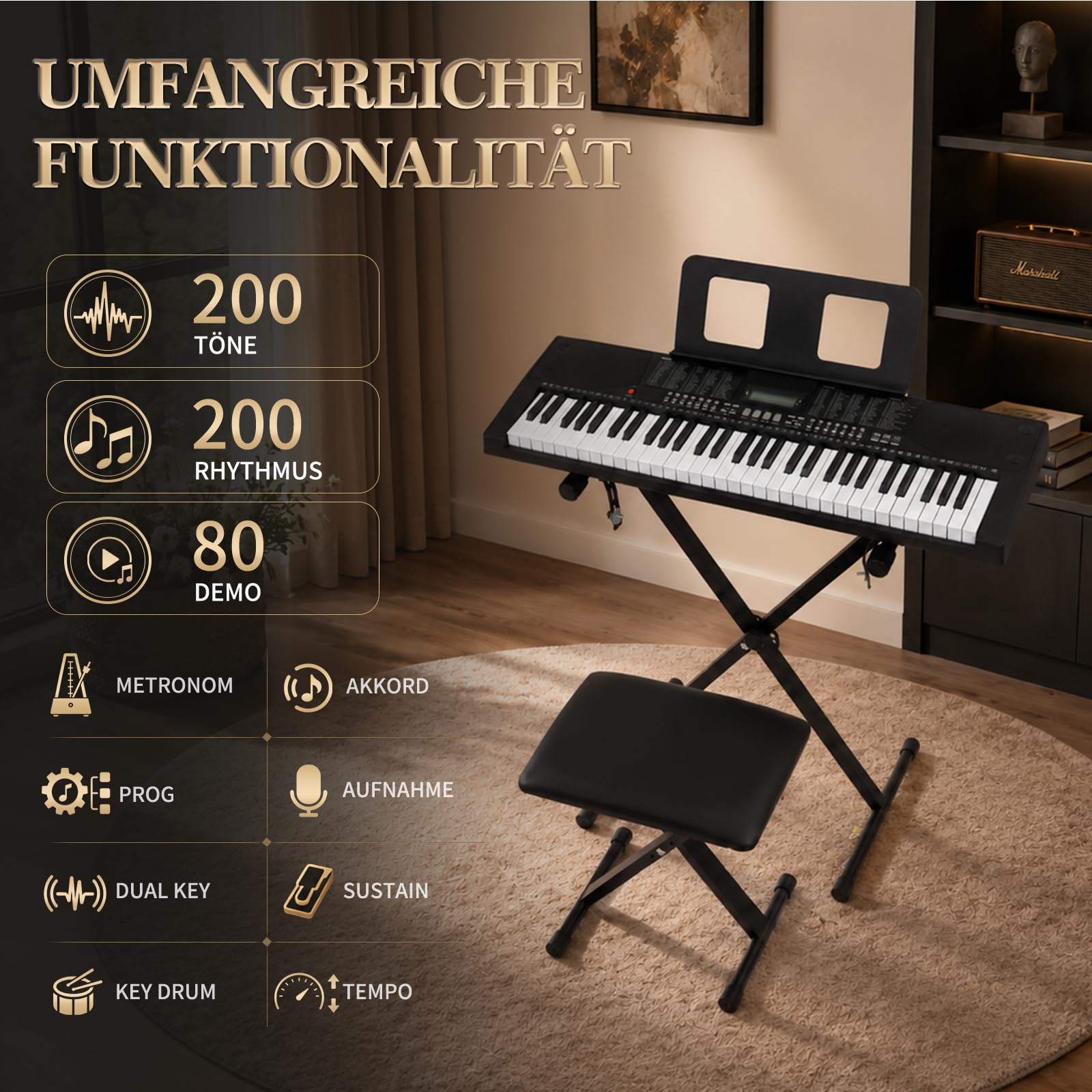 LEADZM Keyboard Piano 61 Tasten mit X-Ständer, Digital Piano mit LCD, USB-MIDI, Klavierbank, Notenständer, Kopfhörer, Mikrofon, 200 Rhythmen, 200 Tönen und 80 Demos für Anfänger (Schwarz)