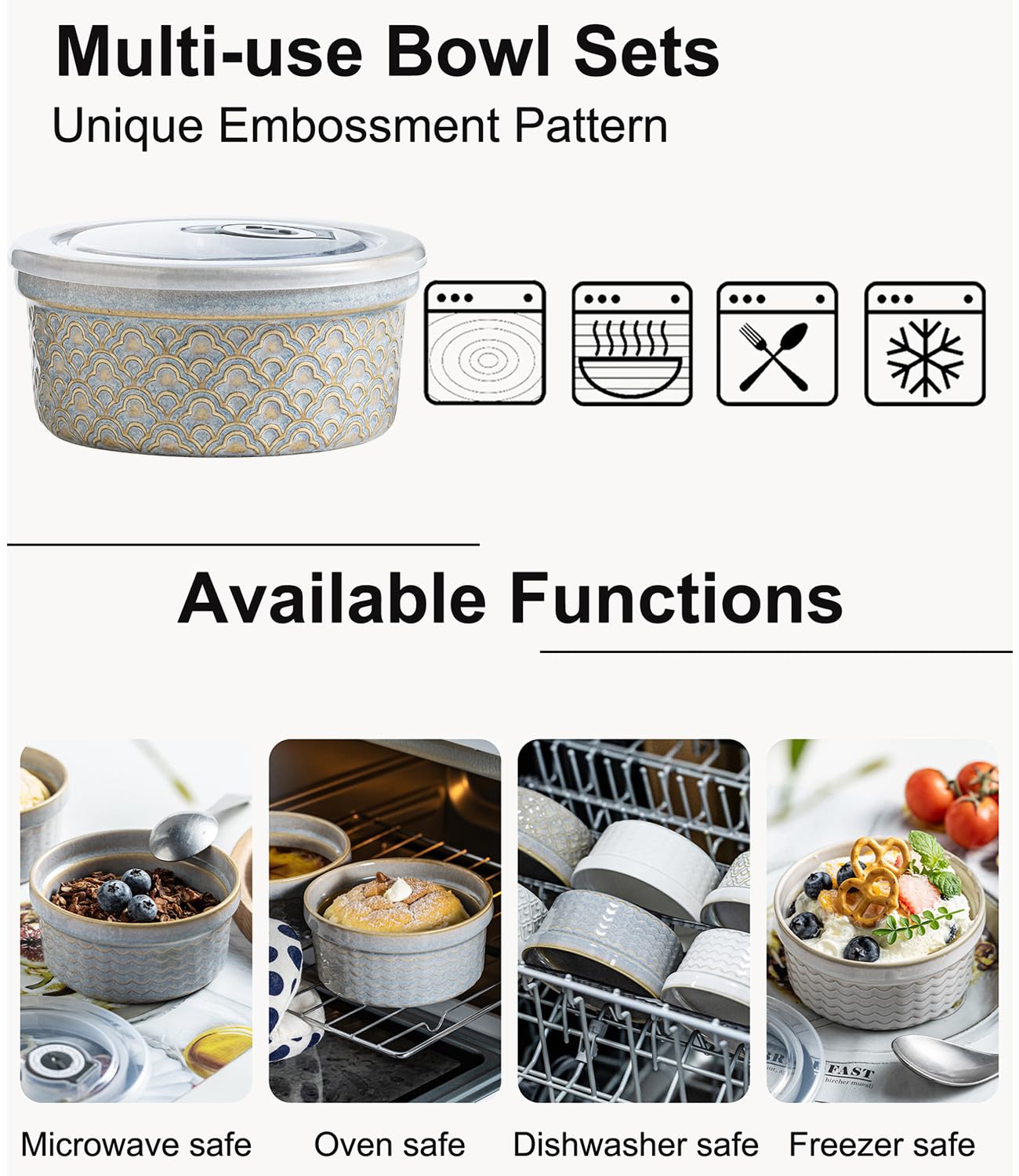 Creme Brulee Auflaufförmchen mit Abdeckungen, Keramik-Souffle-Schälchen mit Deckel, kleine Backformen, Frischhaltedosen, Servierbolzen mit Deckel für Mittagessen, Dessert, Obst, graue Wolke
