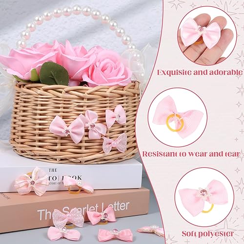 Miniatura 3 de 20 lazos rosados para perros de tamaño pequeño con bandas de goma, lazo elástico para perro, perlas de encaje hechas a mano, perlas de diamantes de