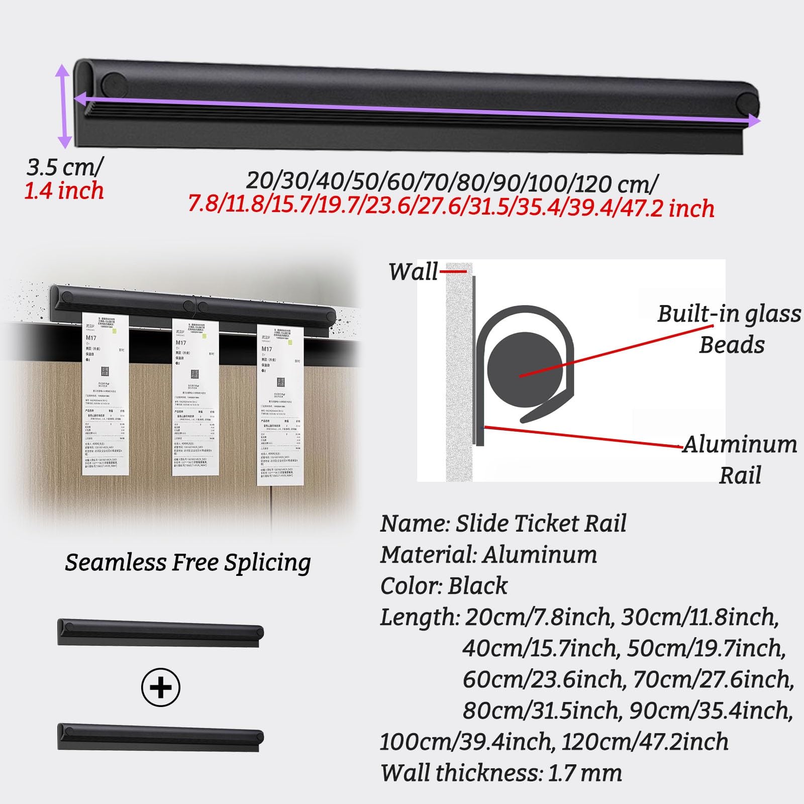 HAIXHX comandas para Restaurante Soporte para Tickets de Restaurante sin Taladro, Estante Deslizante de Aluminio Negro, Riel Organizador de Recibos, Empalme DIY Gratuito(3PACK,L 80cm/31 1/2inch)