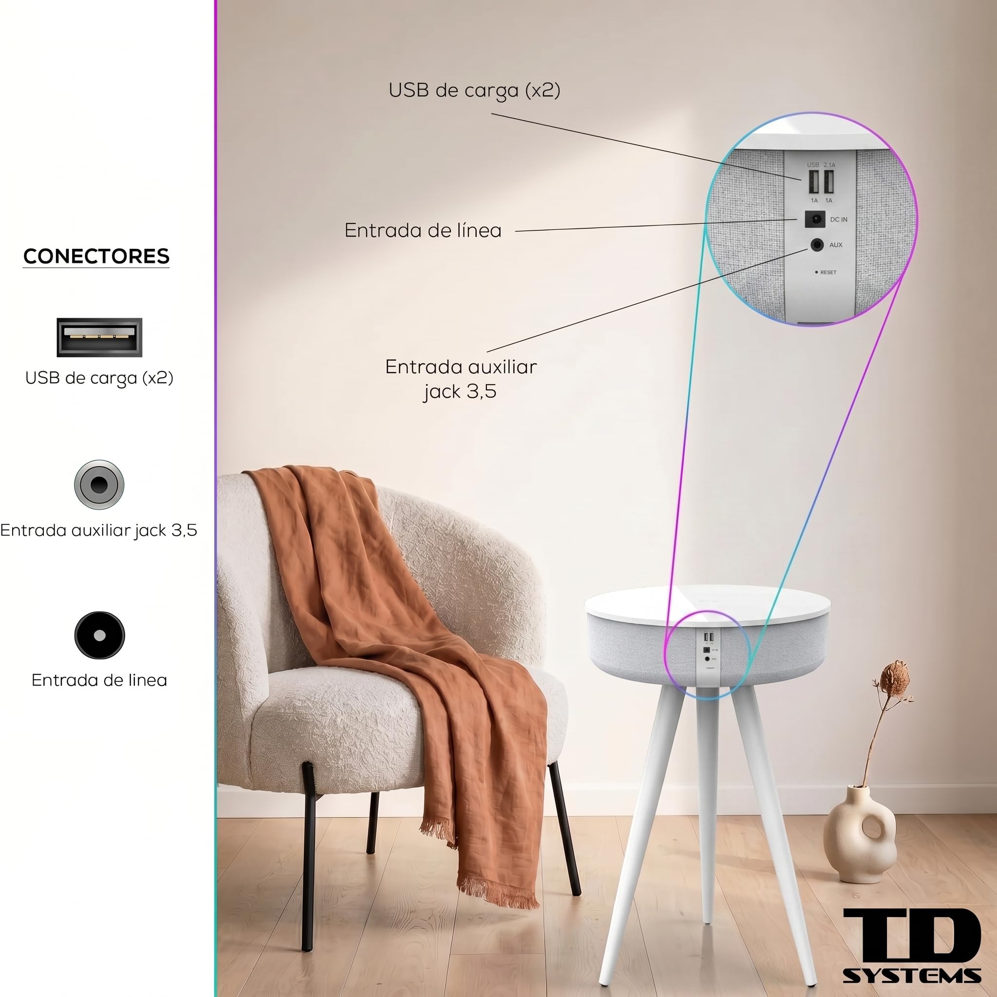 TD Systems - Mesilla Altavoz Bluetooth 30W con Carga Inalámbrica y USB, Mesa Auxiliar con Altavoz Integrado, Batería Recargable, Madera y Lacado Blanco para Salón y Dormitorio | SM30B11WB