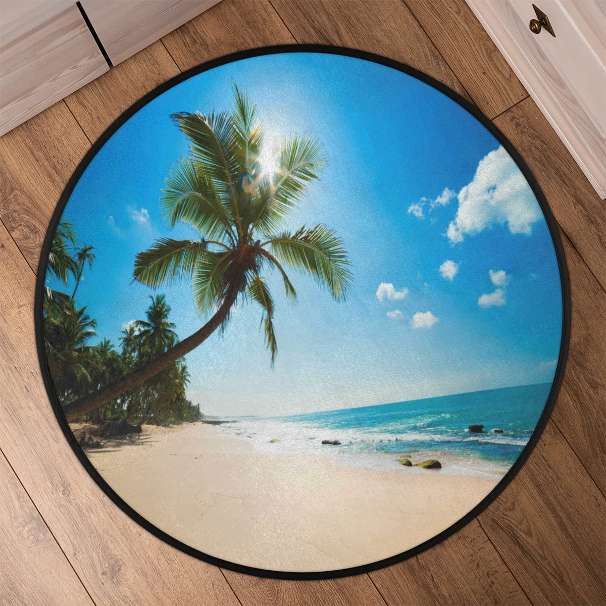 Okrągły dywanik z motywem hawajskiej tropikalnej plaży, 160 cm, letnia plaża, okrągły dywanik, do pokoju, domu, wewnątrz, antypoślizgowa podłoga, do wewnątrz, duża mata