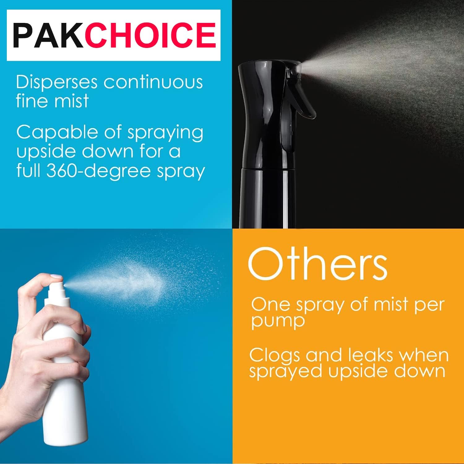 Pakchoice 2 Pack Continuous Spray Bottle Mister - 10.1 oz/300 ml, Refillable Fine Mist Spray Bottle for Hair Styling, Plants, Cleaning, Salons & Skin Care - Plastic Mister Spray Squirt Bottle, Black - Image 4