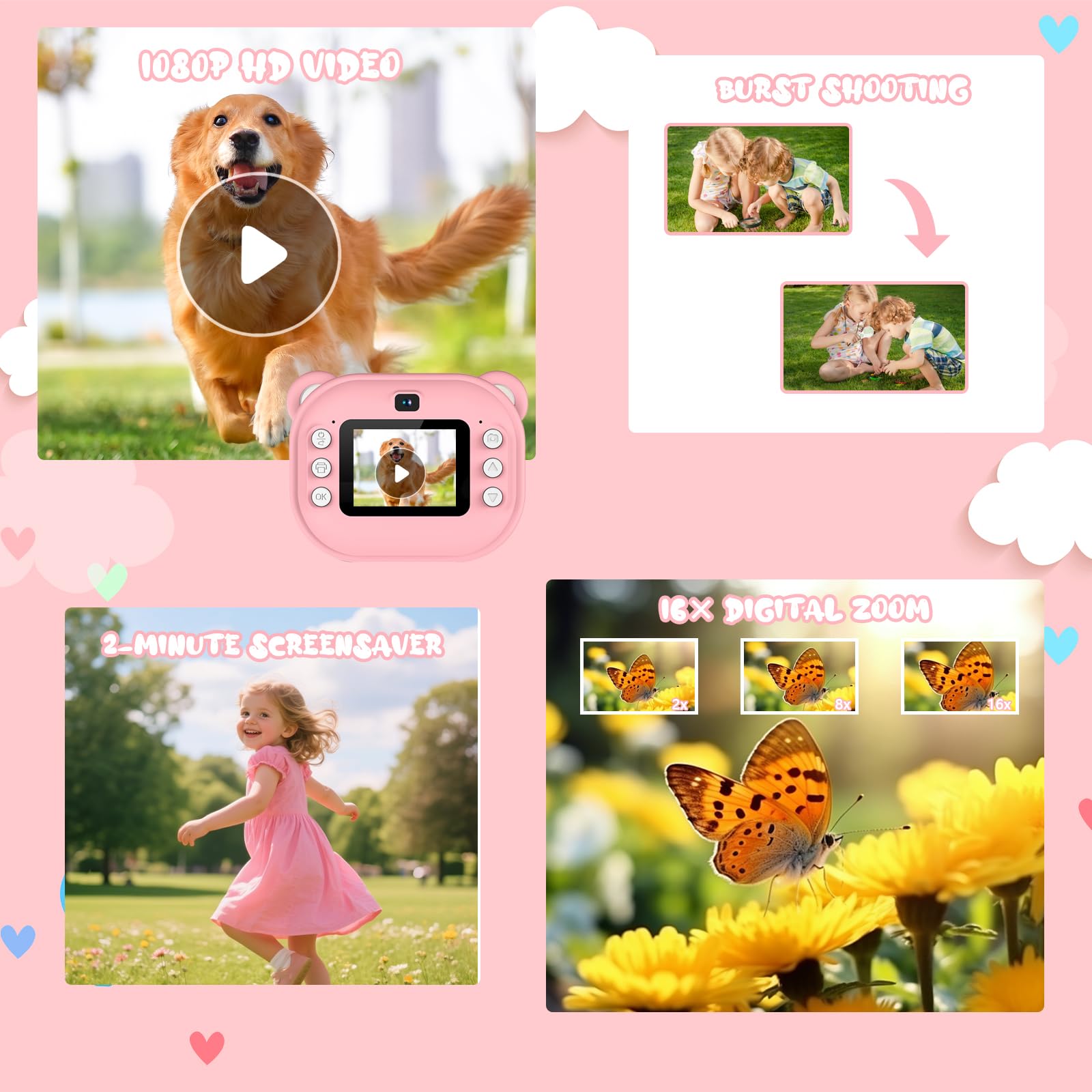 Macchina Fotografica Bambini Istantanea, Fotocamera Digitale con Carta da Stampa e Scheda TF da 32 G, Penne Colora, Regalo Natale Bambino e Bambina 3-14 Anni (Rosa)