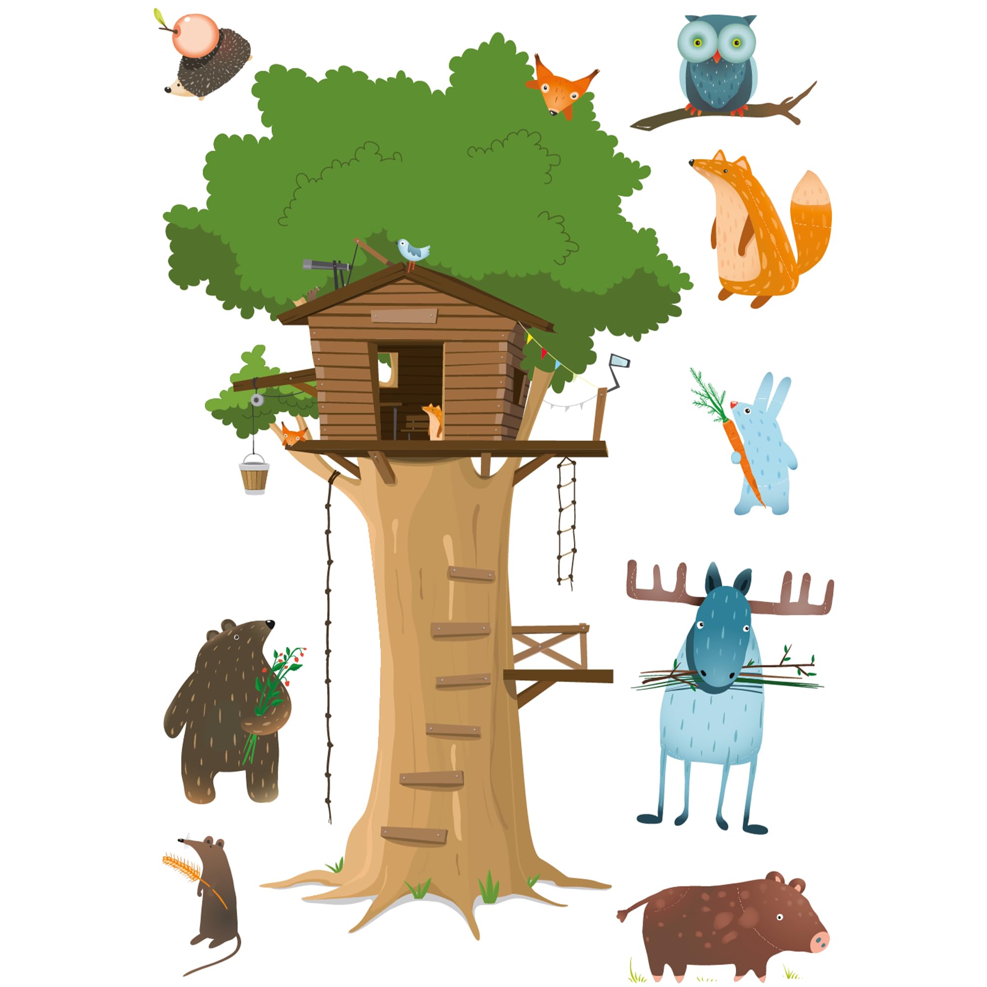 Sticker enfant cabane et animaux de la forêt - Décoration murale chambre 68 x 48 cm