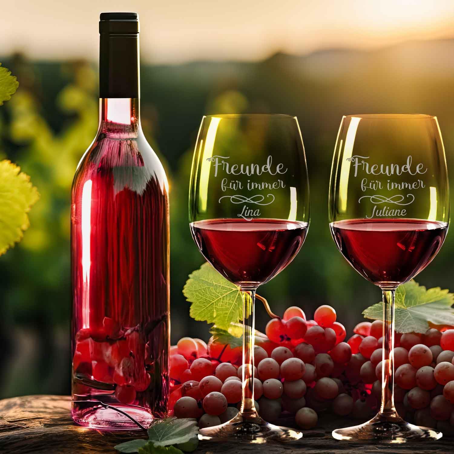 GRAVURZEILE Leonardo Weingläser Geschenkset Freunde für immer mit Namens Gravur inkl. gravierter Vintage Holzkiste - Geschenkset für die beste Freundin - Mädelsabend bei Gutem Wein
