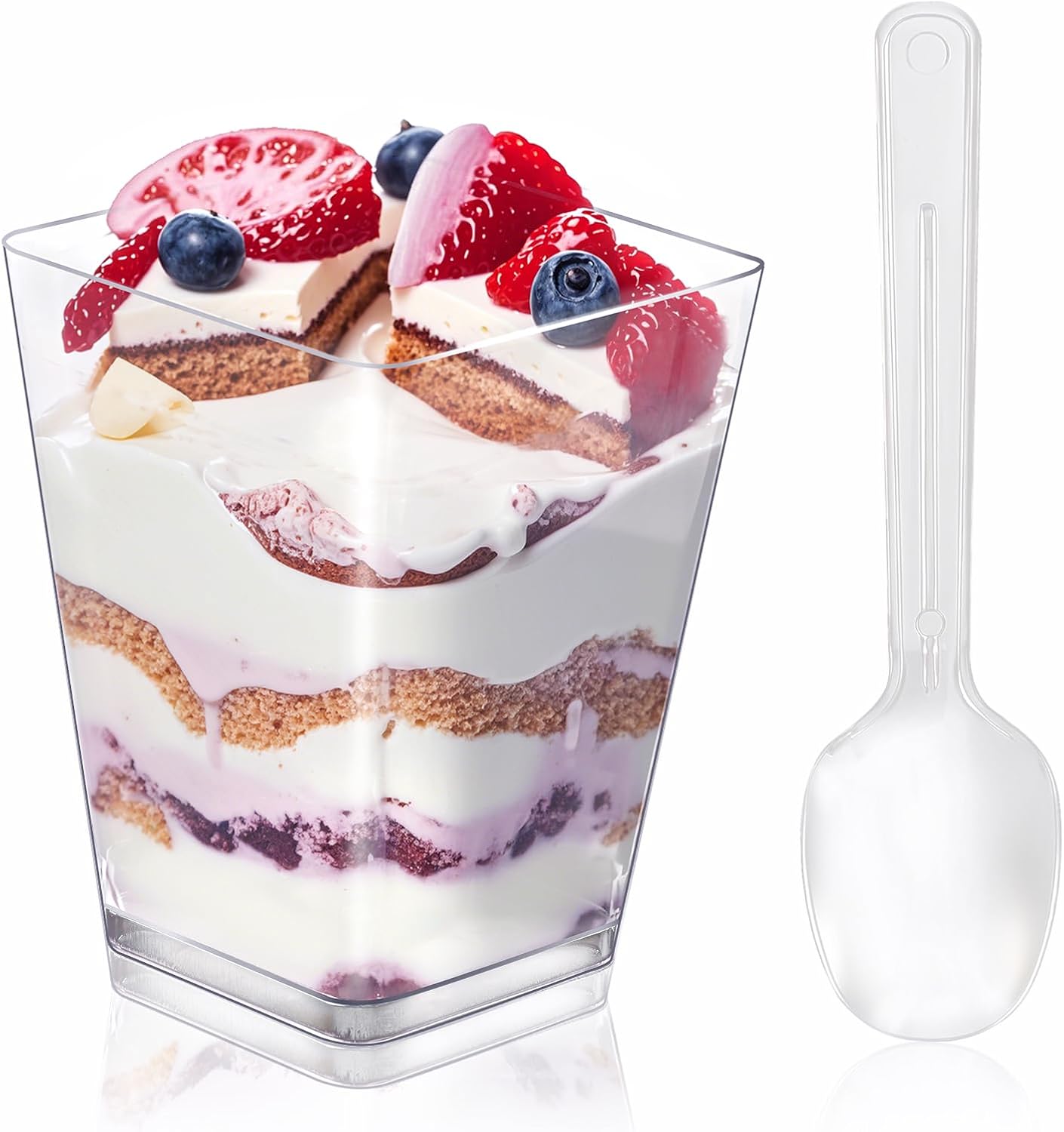 (Similar)50 Pack Dessert Cups with Spoons, 5oz Plastic Yogurt Parfait Cups, Mini Square Dessert Cups with Spoons, Transparent Dessert Shooter Cups for Pudding, Mousse, Fruit, Dessert and Ice Cream
