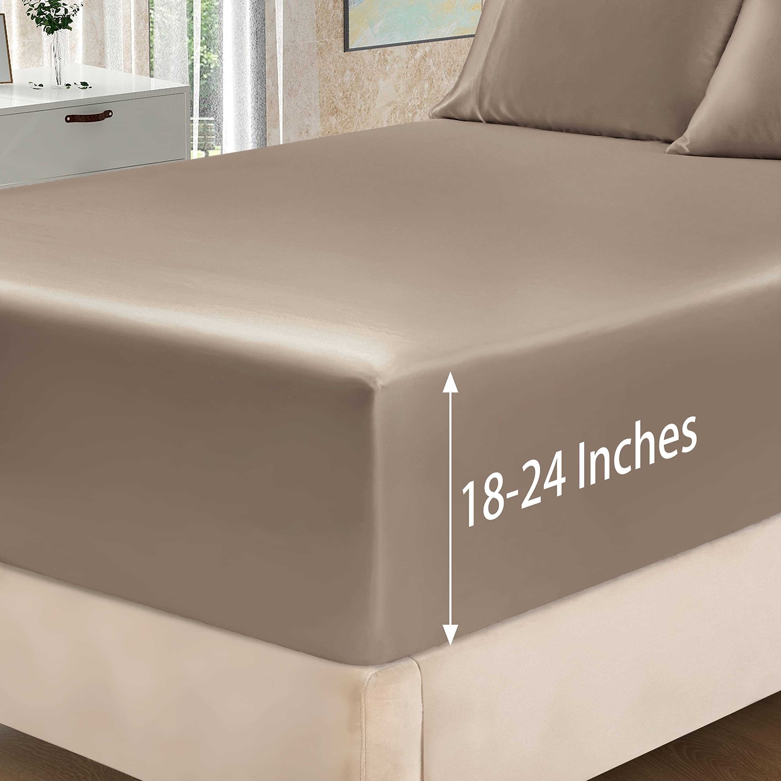 Homiest 4pcs Extra Deep Pocket Satin Sheets King Size Bed Set, 18-24 Inch Deep Pocket Bed Sheets Taupe Satin Sheet Set, Silky Satin Bedding Set Luxury Fitted Sheet Set Fits Ultra Deep Mattress