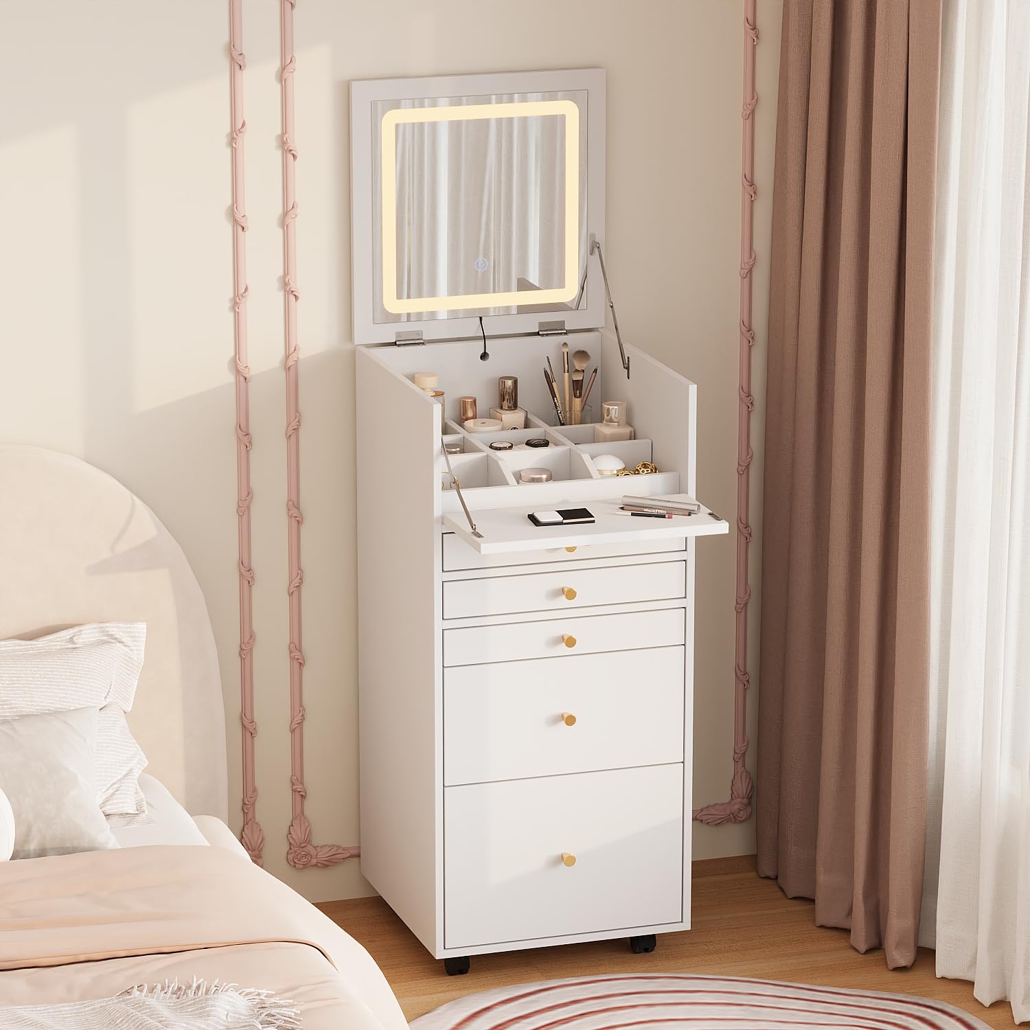 DEZAGCE Mobile Dressing Table with Flip Top Mirror and LED Lights, Compact Makeup Vanity Desk with 5 Drawers, 9 Storage Compartments & Drop Leaf Design, White Bedroom Makeup Table for Small Spaces