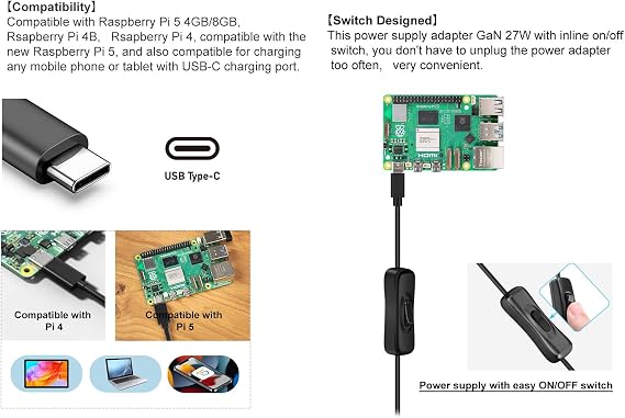 for Raspberry Pi 5 Power Supply 27W USB-C PD Power Supply Output 5.1V/5A, 9V/3A, 12V/2.25A, 15V/1.8A GaN PD 5A 27W with ON/Off Switch ETL Listed