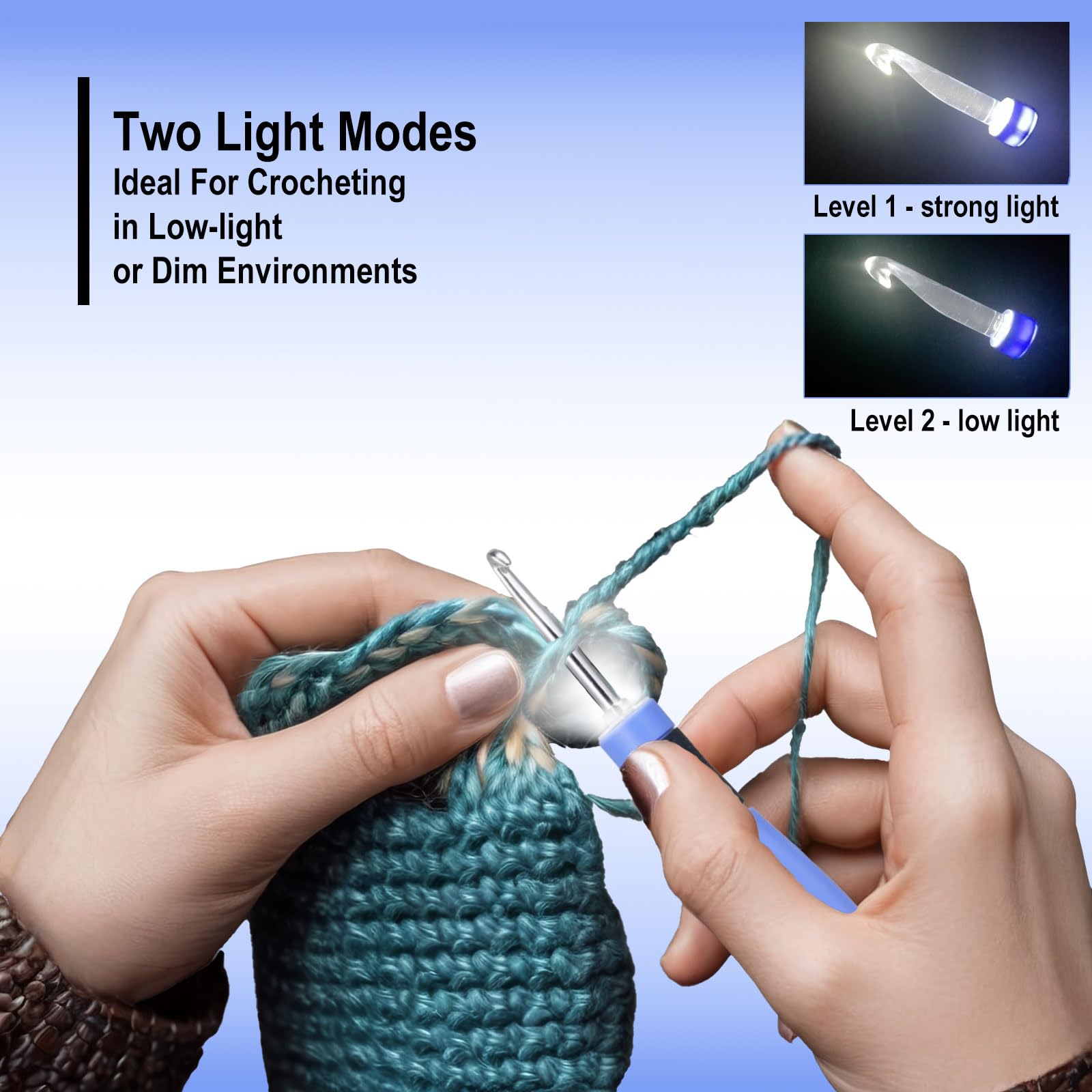 Foxyoo Juego de agujas ergonómicas de ganchillo con luz y contador de puntadas, 18 piezas | Kit intercambiable (2.0-14.0 mm) para aliviar la artritis, principiantes y avanzados, estuche de viaje portátil incluido