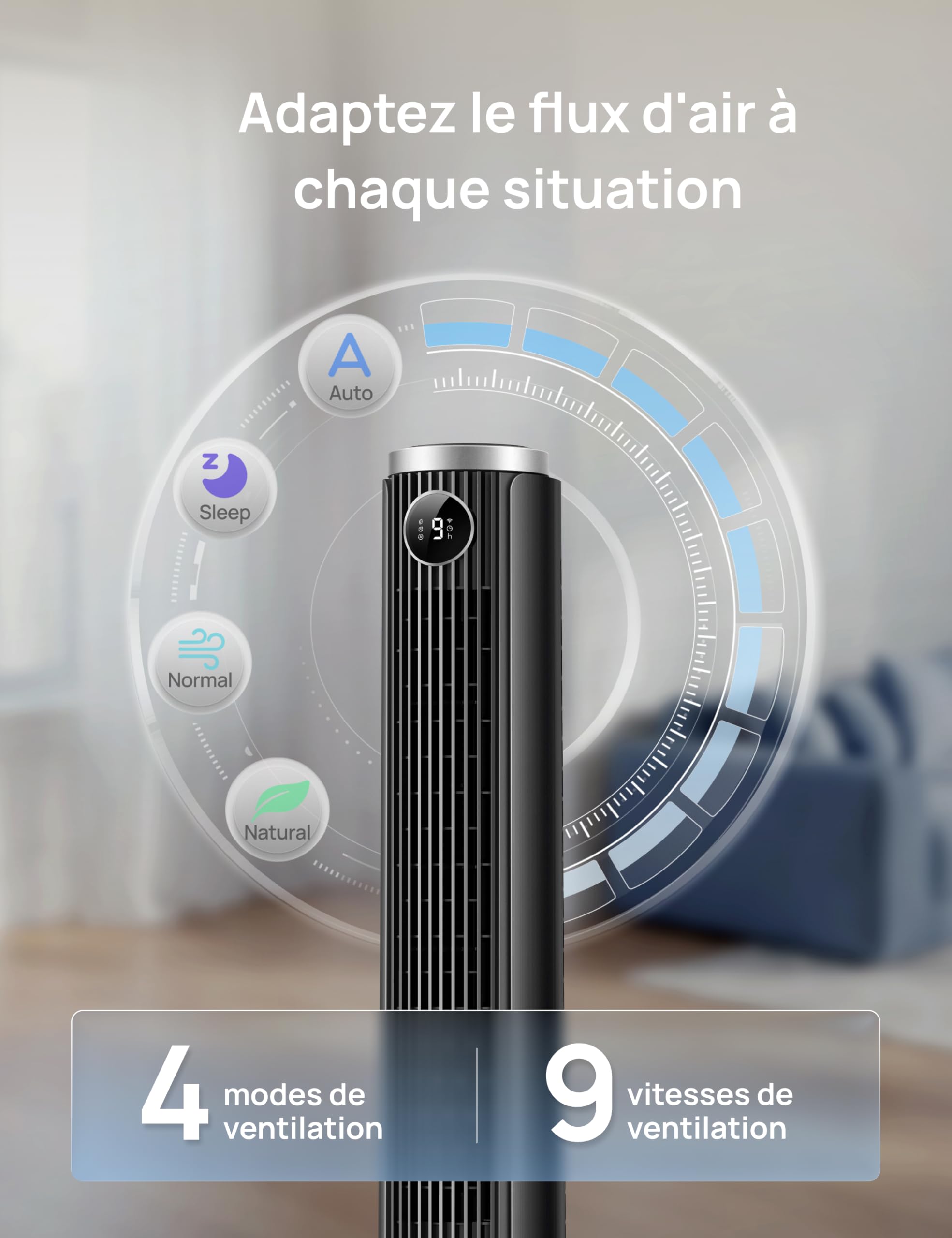 DREO Ventilateur colonne intelligent 554S, ventilateur sur pied réglable 102–114 cm, 8.4 m/s, oscillation 90°, silencieux 20 dB, 9 vitesses, 4 modes, minuterie 12 h, compatible Google et Alexa