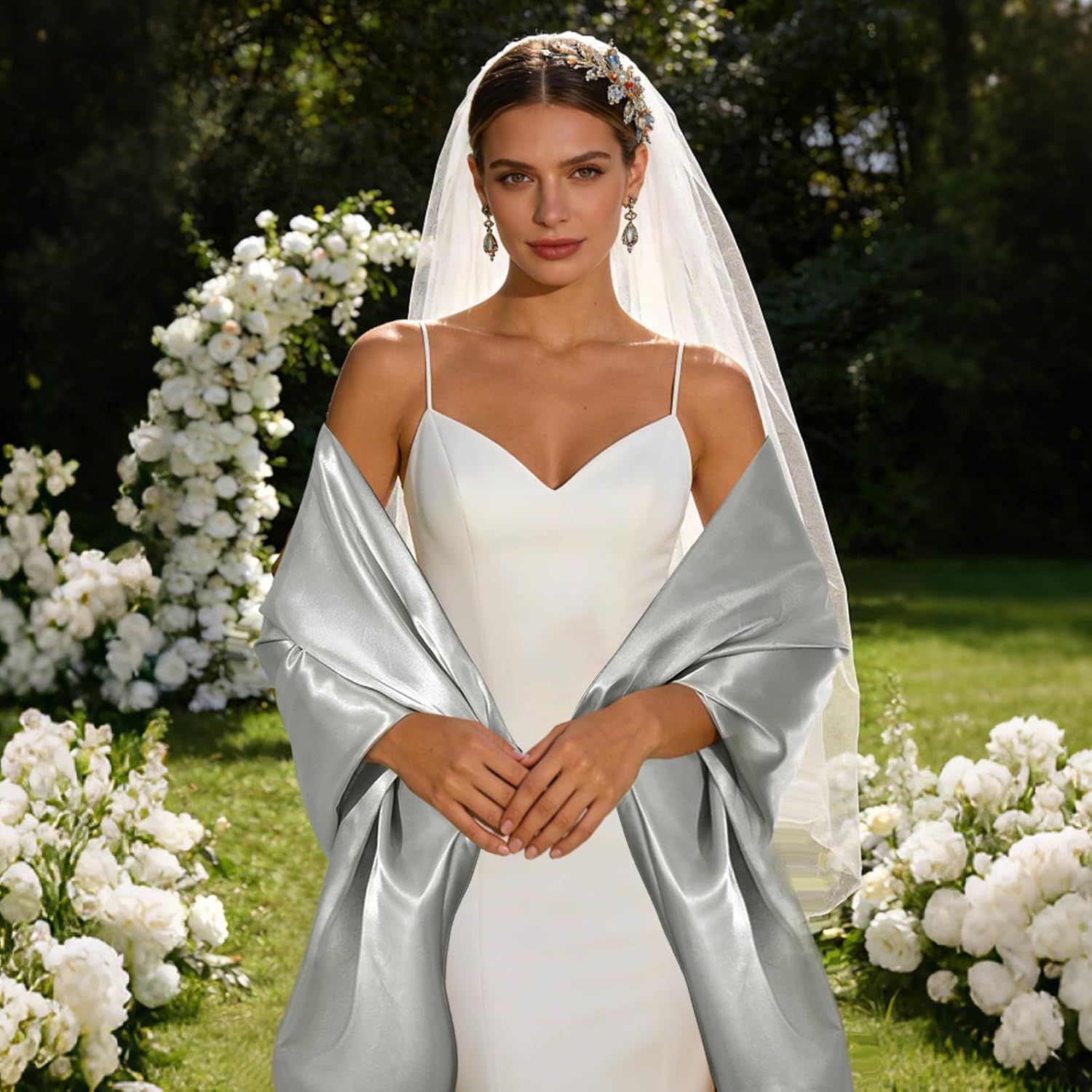 Yolyoo Women Shawls and Wraps for Evening Dresses,Long Satin Guest Shawl Wraps for Wedding Bridal Party Halloween
