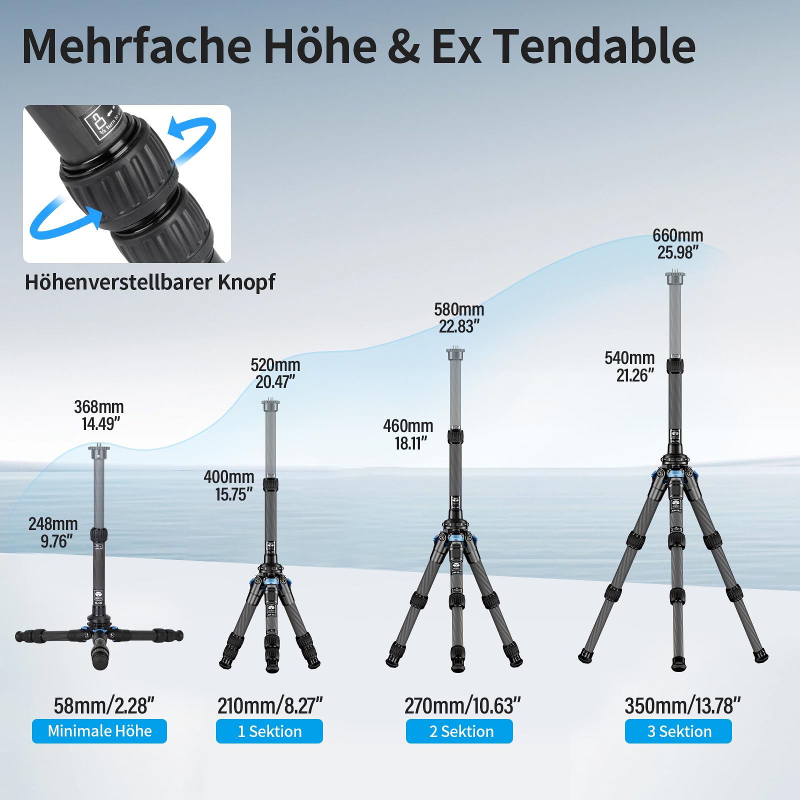 SIRUI AM-223+SL-100 Mini Carbon Tisch Stativ mit ausziehbarer Mittelsäule,Leicht Foto Ministativ Tischstativ für Kameras, Drehverschlüsse, Spikes, max. 660mm eingezogen 215mm, Tragkraft 12kg