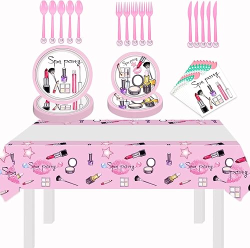 Kit de vajilla de cumpleaños para fiesta de spa, 71 piezas, platos de papel de maquillaje, servilletas, tenedores, cuchillos, cucharas, mantel