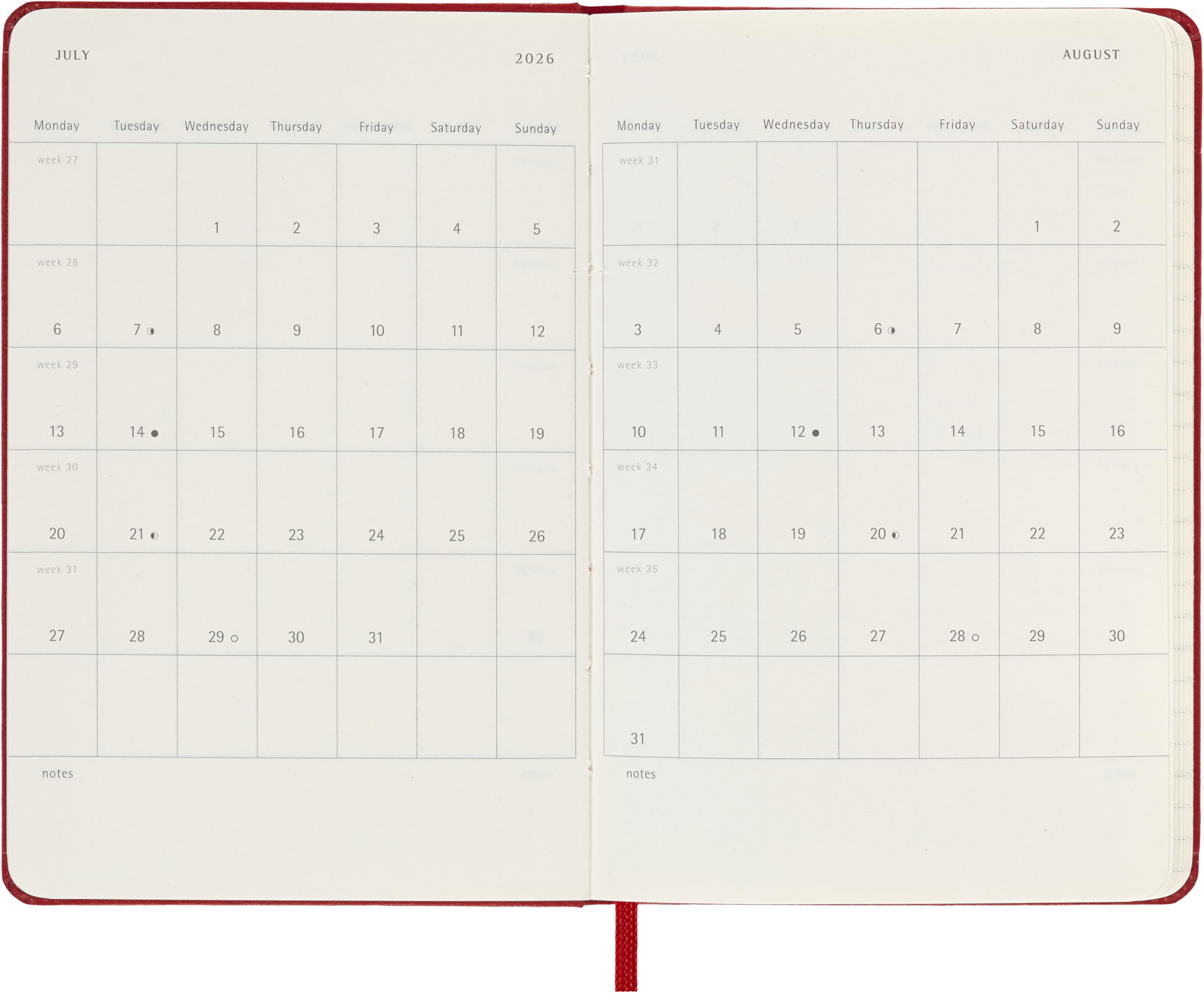 Moleskine 12 Monate Wochen Notizkalender 2026, Pocket/A6, 1 Wo = 1 Seite, rechts linierte Seite, Fester Einband, Scharlachrot