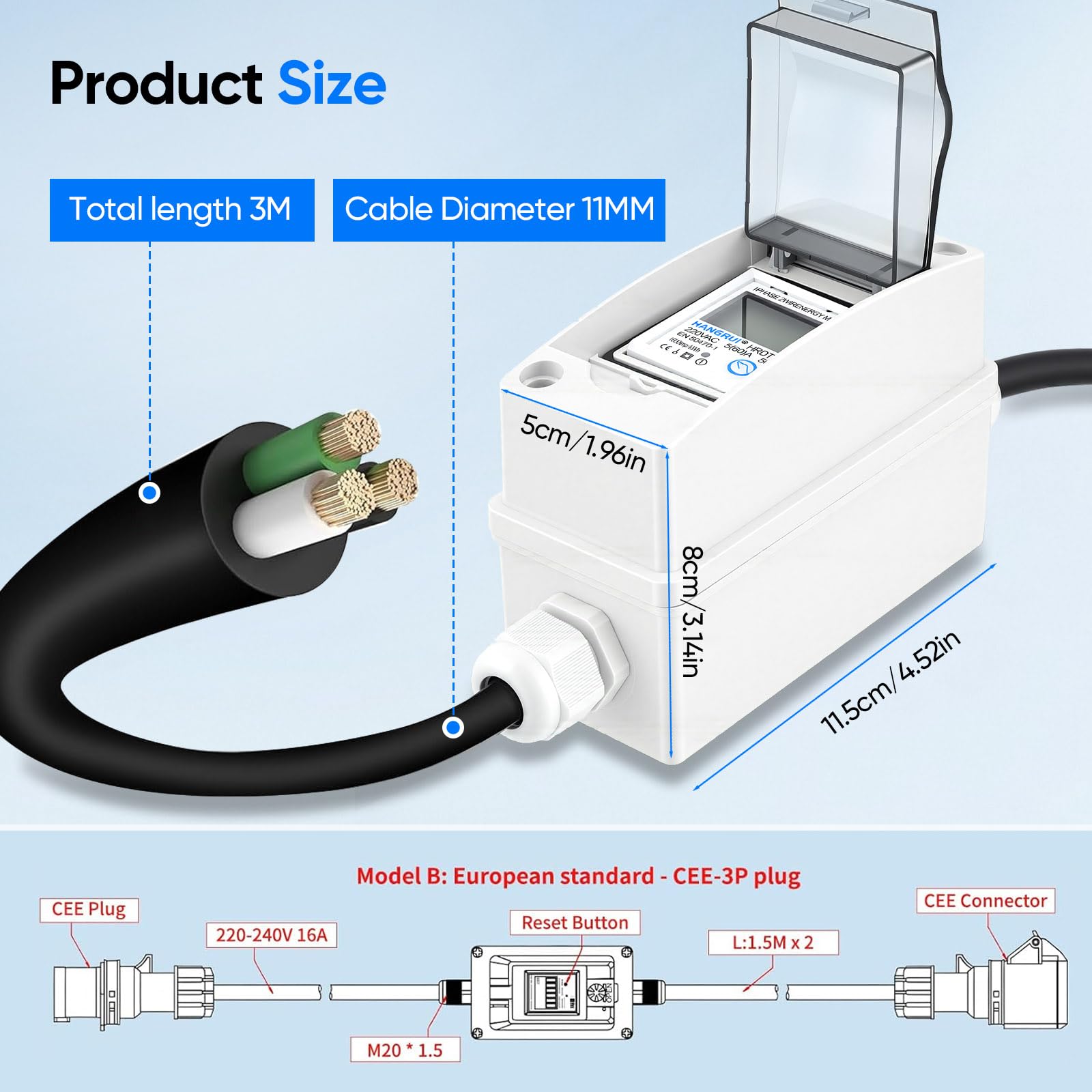 Contador de energía Digital móvil con conexión CEE 230V 16A, Contador kWh Impermeable IP67 con Pantalla LCD, Memoria Anti-Corte y reinicio, para Coches eléctricos, autocaravanas, Obras