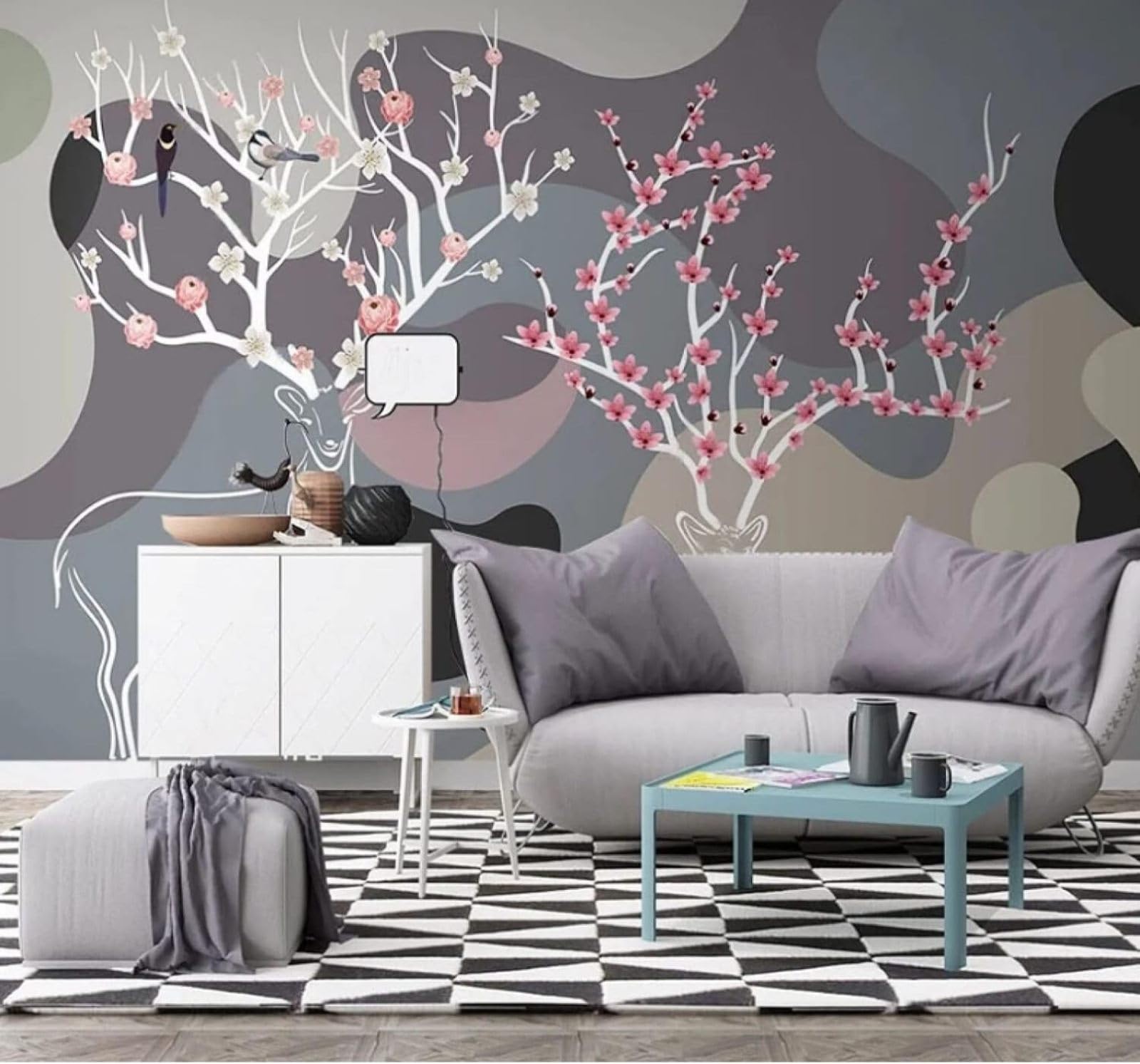 XLMING Abstract Creative Geometric Reindeer Flowers and Birds 3D Wallpaper Luxury Silk Study Dining Feature Sofa Grey Bedroom Living Room Tv Decorative Wall-350cm×256cm