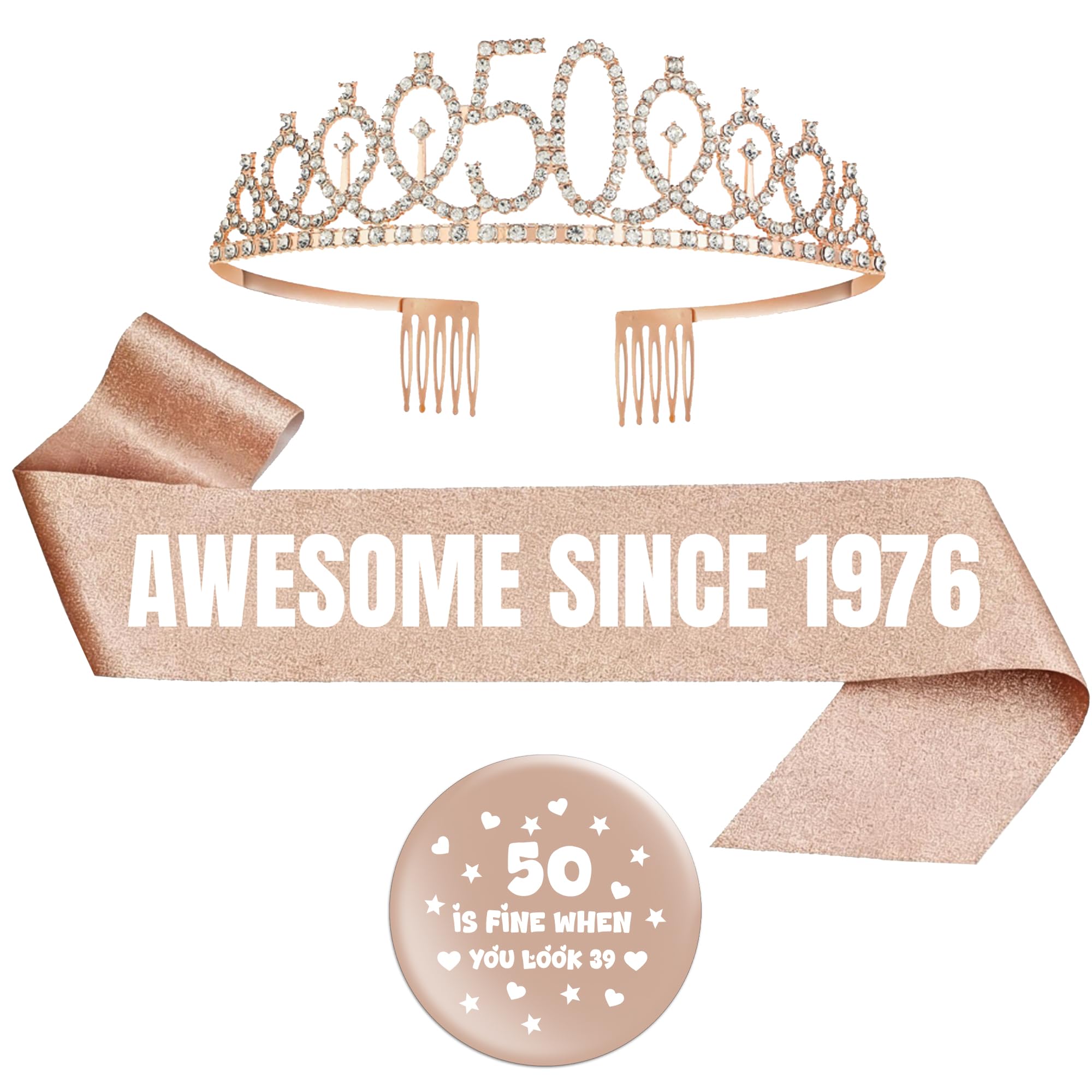 50th Birthday Decoration Sash Women - 3 PC Rose Gold AWESOME SINCE 1976 Sash Rhinestone Tiara 50 Birthday Rhinestone 50 Is Fine When You Took 39 to Perfection Badge for Girls Bday Party Supplies