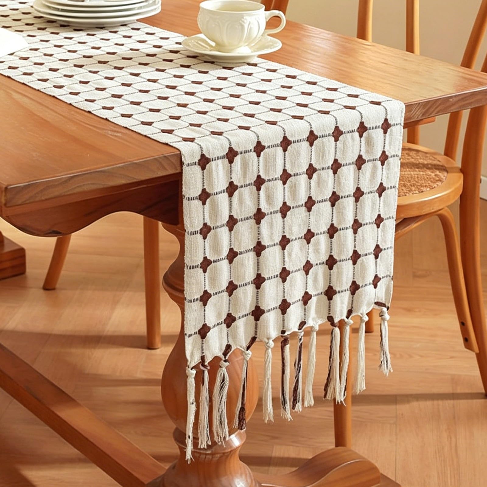 Cotton-Linen Blend Grid Plaid Table Runner With Hand-Torn Tassels,Fresh Home Decor Table Runner, for Dining, Coffee, Sideboards & Storage Cabinets(Coffee,160cm/62.9in)