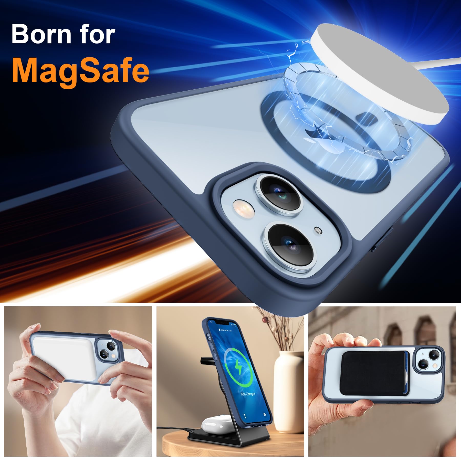 ORETECH Magnetica Cover per iPhone 14,Custodia iPhone 13 con 2X Vetro Temperato per Cellulare Protettiva Antiurto Protezione Militare Custodia per iPhone 14/13-Blu Navy