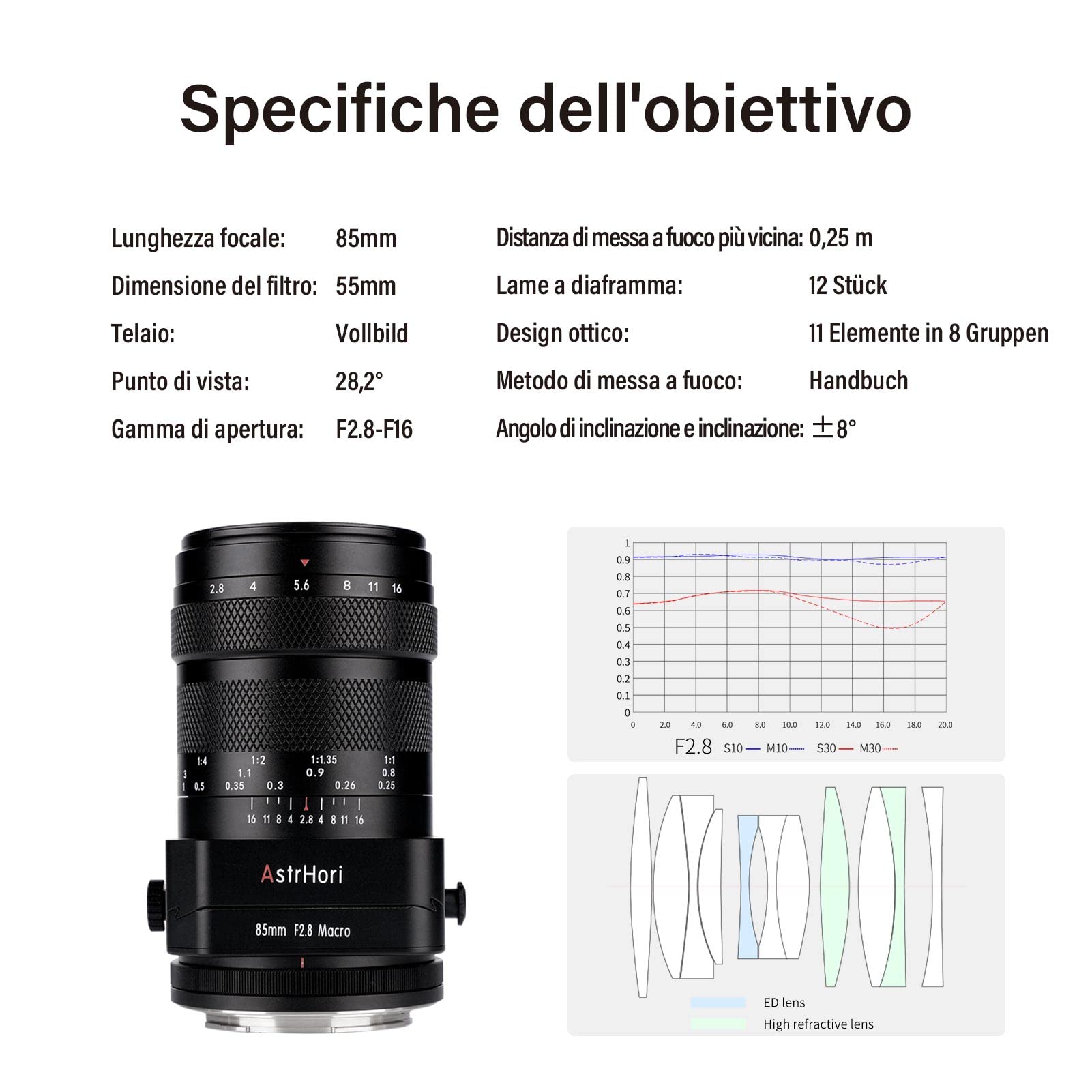 AstrHori 85 mm F2.8 Macro e inclinazione e teleobiettivo medio 3 in 1 Full Frame manuale Insetto Gioiello Obiettivo ritratto per fotocamere mirrorless Fuji X Mount X-T2,X-T3,X-T4,X-T20,X-T30,X-A1,ecc