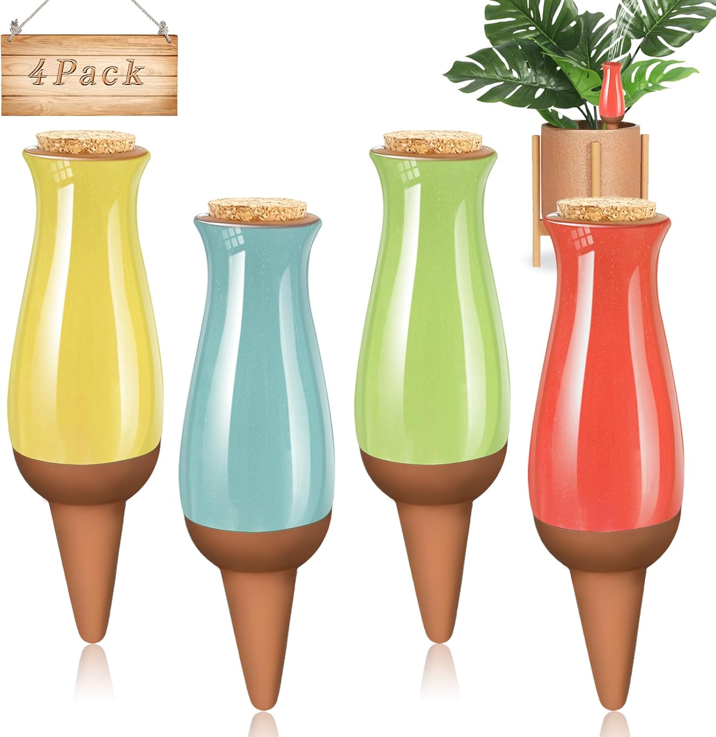 4Pcs Terracotta Plant Watering Globes, 15oz Self Watering Planter Insert, Slow Release Olla Watering Pots Clay Watering Stakes Device for Indoor Outdoor Plants