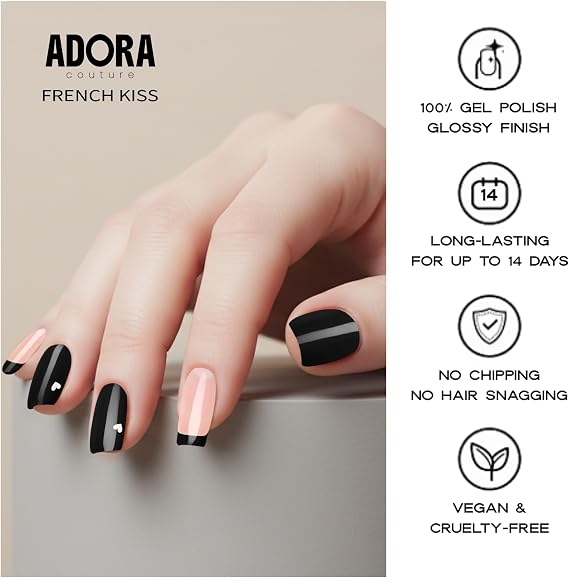 Adora Couture 半硬化ジェルネイルストリップ - 20枚のサロン品質ジェルステッカー、UVライトが必要、長持ち、貼り付けと取り外しが簡単、プレップパッド、ネイルファイル、木製スティック付き – フレンチキス