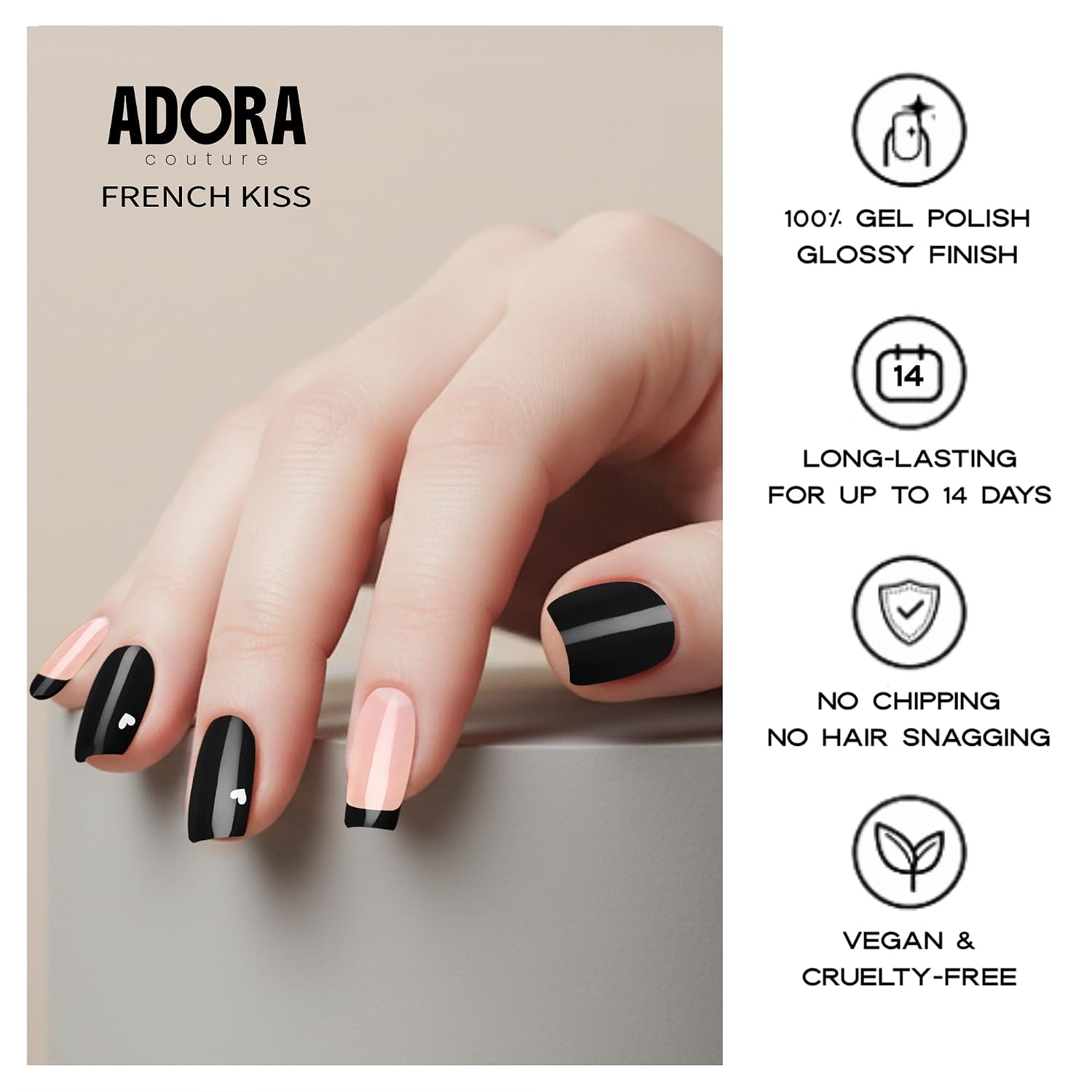Adora Couture Semi-Cured Gel Nail Strips - 30 Salon-Quality Gel Sticker with UV Light Required, Long Lasting, Easy Application & Removal, Includes Prep Pad, Nail File, Wooden Stick – French Kiss