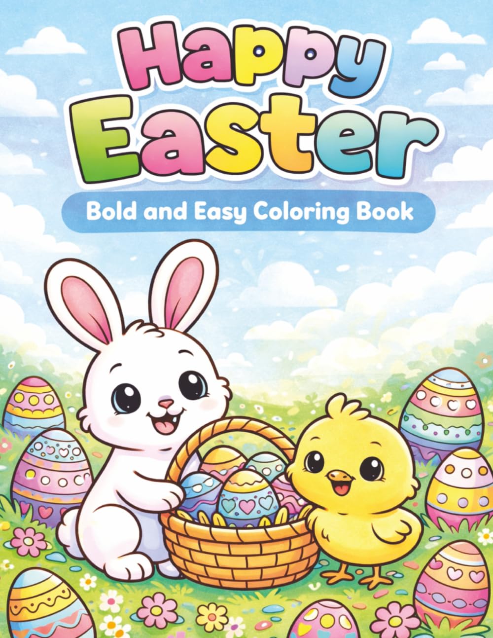 Happy Easter: Bold and Easy Coloring Book: Cute Bunnies, Chicks, Eggs and Baskets – Simple Easter Coloring Pages for Children