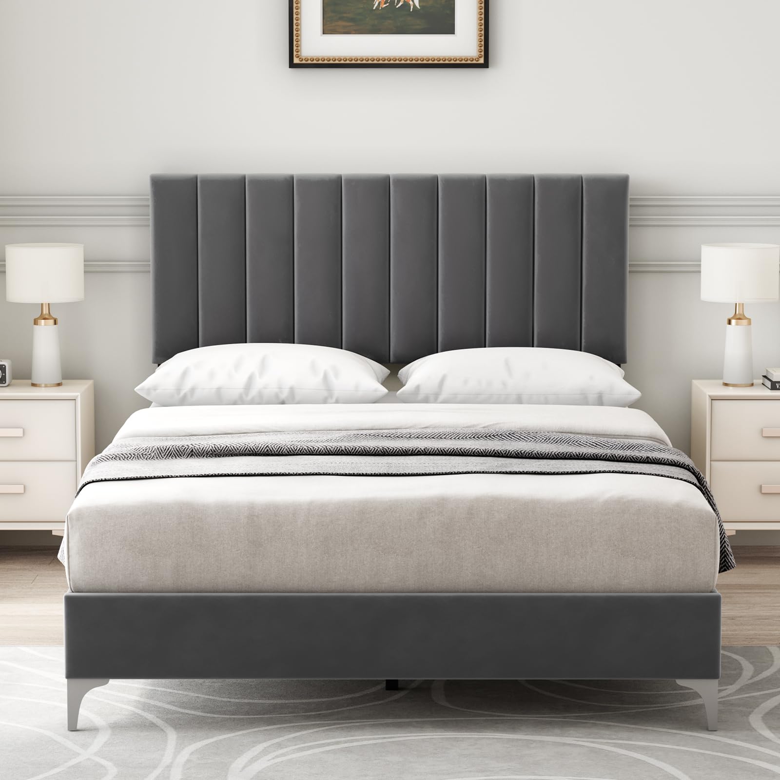 IDEALHOUSE Queen Size Bed Frame with Adjustable Headboard, Velvet Upholstered Platform Bed Frame with Strong Wooden Slats, Non-Slip and Noise-Free, No Box Spring Needed, Easy Assembly, Grey