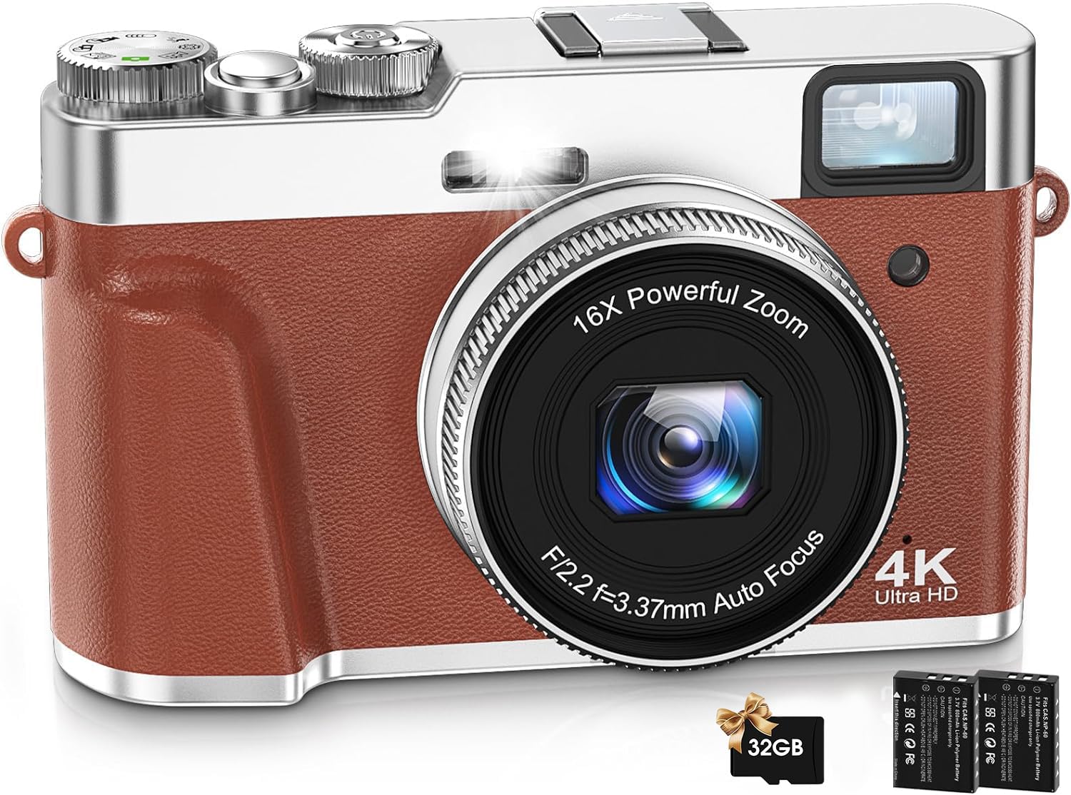Oiadek 4Kデジタルカメラ オートフォーカス 4800万画素 Vlogカメラ デジカメ 手振れ補正 光学ファインダー モードダイヤル 16倍ズーム LEDライト デジタル一眼レフ コンパクト 32GBカード付属 バッテリー2個付き 子供の日 初心者 クリスマス