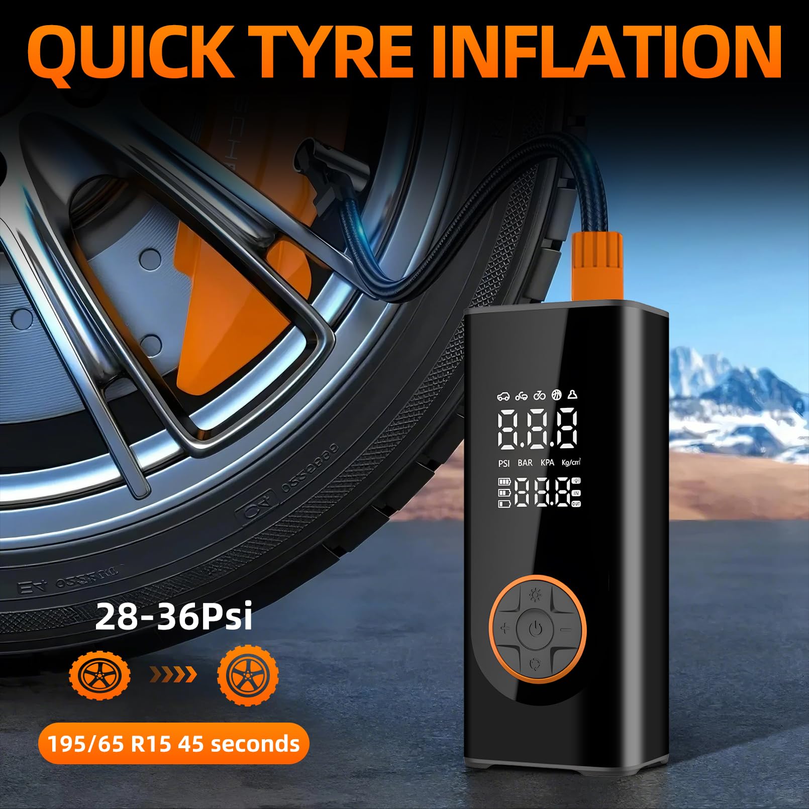 Tragbare Reifenpumpe für Auto, Kabelloser Autoreifenfüller Luftkompressor, Elektrische Mini-Fahrradpumpe mit digitalem Manometer 150PSI, Dual-Wert-Anzeige, LED-Licht, Fahrrad, Motorrad, Ball
