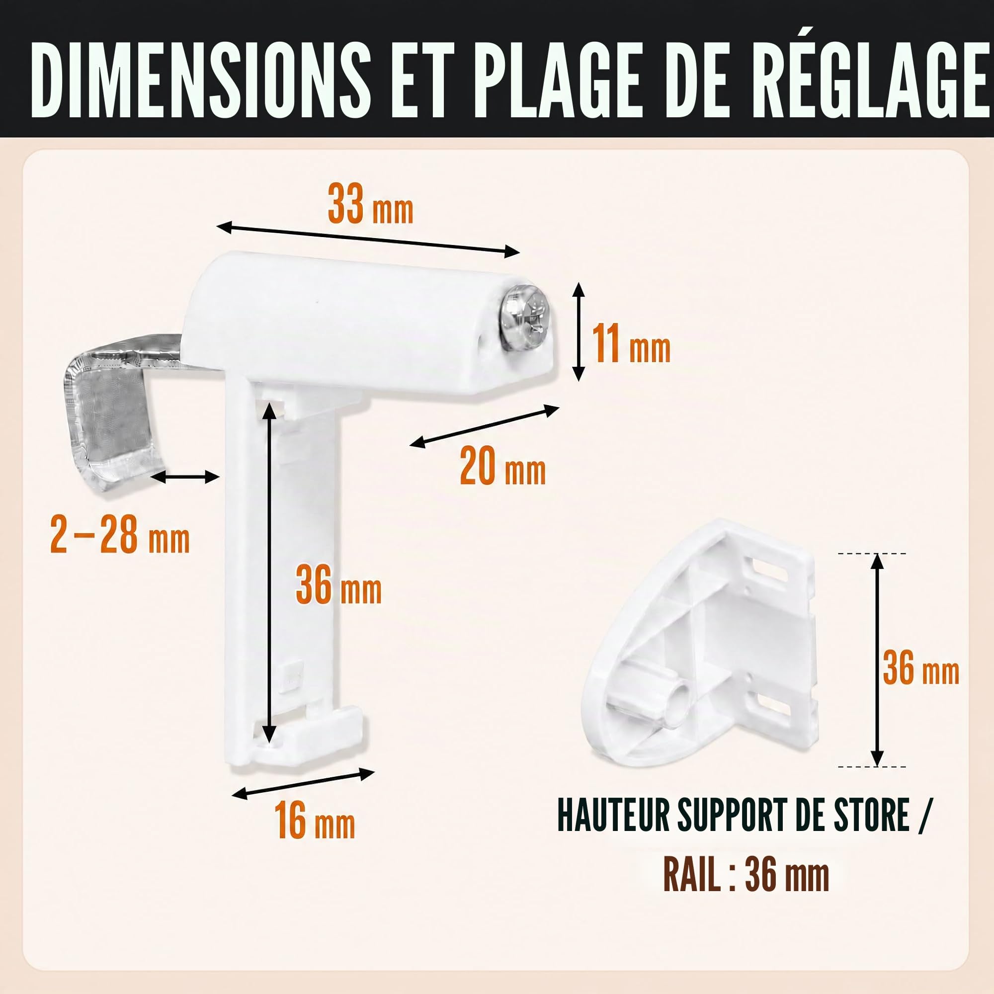 Support Serrage Court avec Support métallique, pour Store Enrouleur Klemmfix/Double/Duo, sans perçage pour Le Serrage, 10 pièces, comme Accessoire Suspension, Fixation sur la fenêtre en PVC