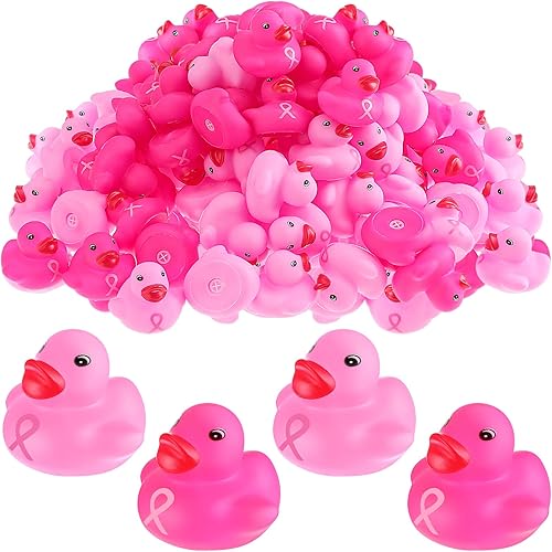 Deekin 100 patos de goma a granel con cinta rosa, patos de baño, concienciación sobre el cáncer de mama, mini patos de 1.57 pulgadas, flotador de