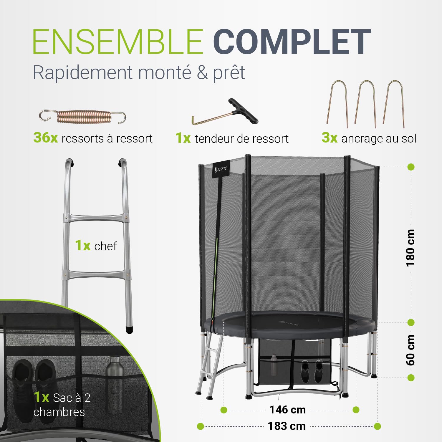 Juskys Trampoline JumpMaster – Trampoline de Jardin extérieur avec Filet de sécurité, échelle et ancrages au Sol, Protection de Bord rembourrée