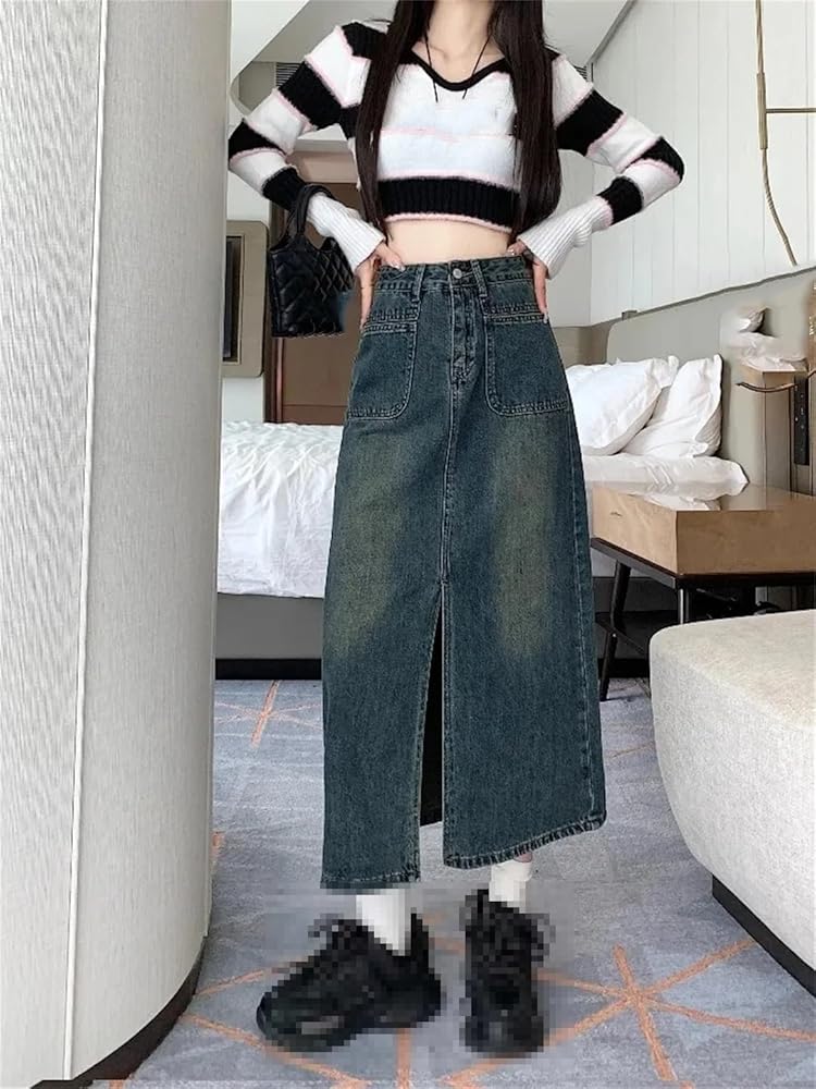 Amazon.com: Women's Front Slit 4-Pocket Denim Skirt Slim Fit