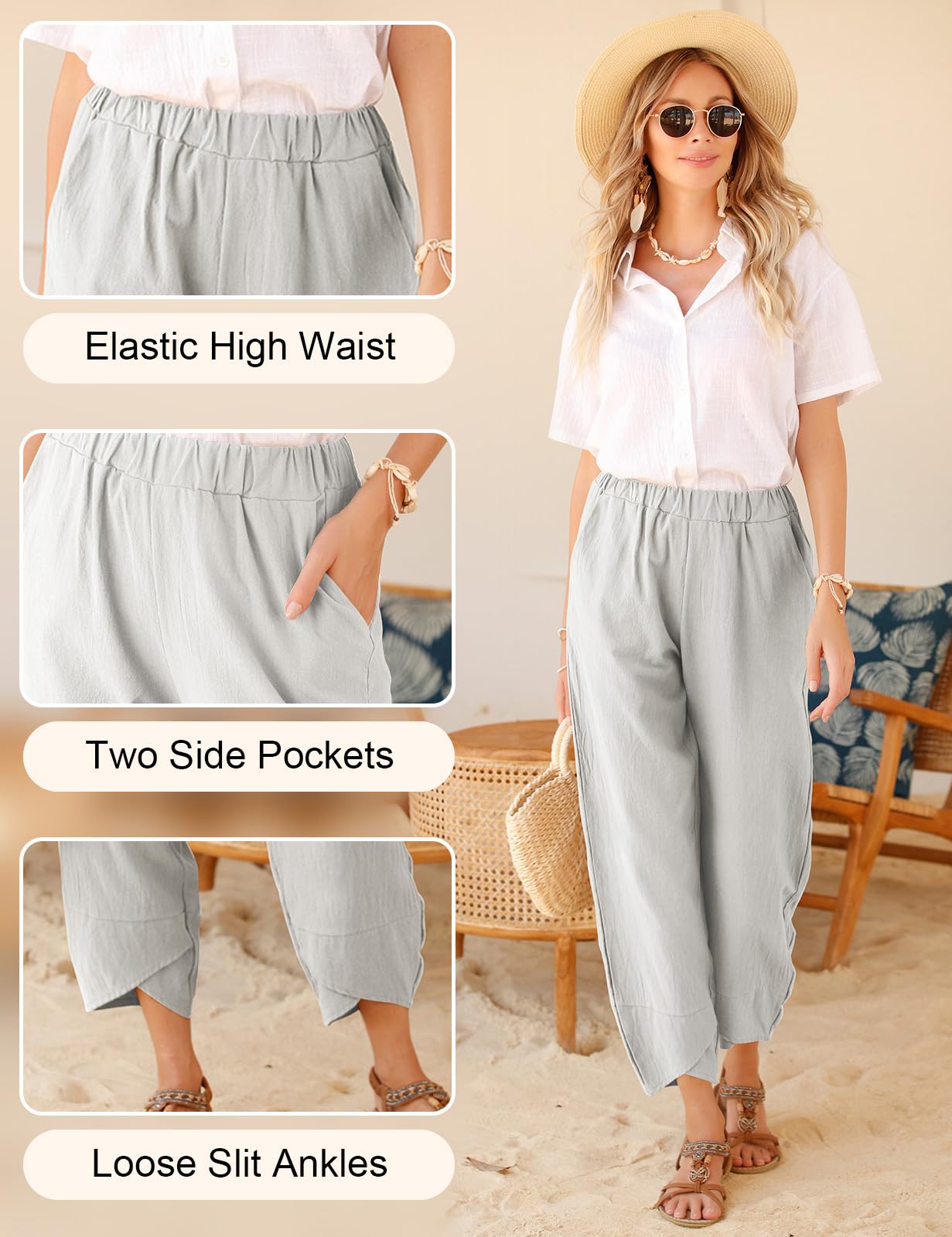 Yuson Girl Pantaloni Donna Pantaloni Estivi Donna Leggeri Pantaloni Larghi Lino Vita Alta Pantalone con Tasche Pantaloni di Svago Panno di Lino da con Fascia Elastica