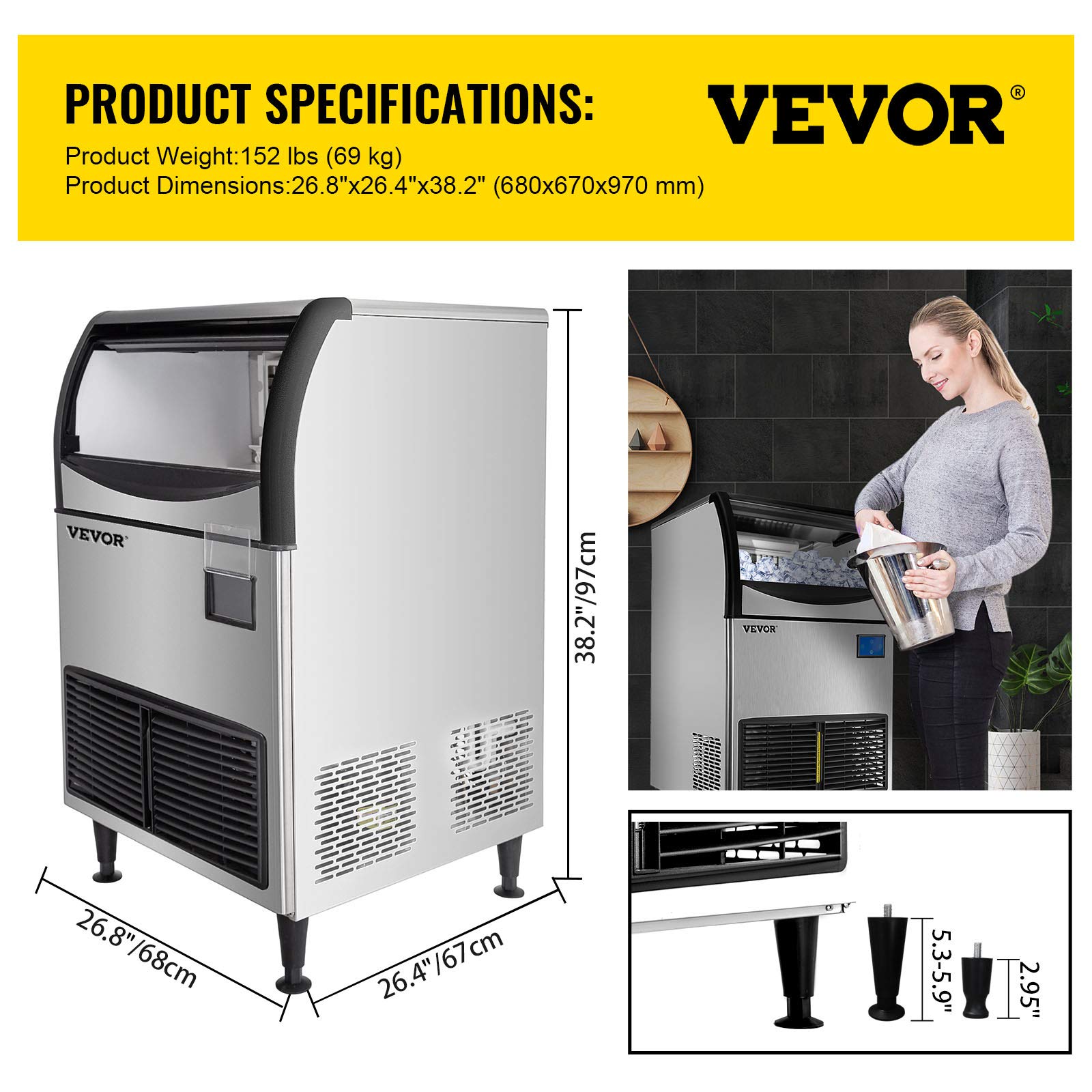 Buy VEVOR 110V Commercial Ice Maker 300LBS/24H, Large Storage Bin