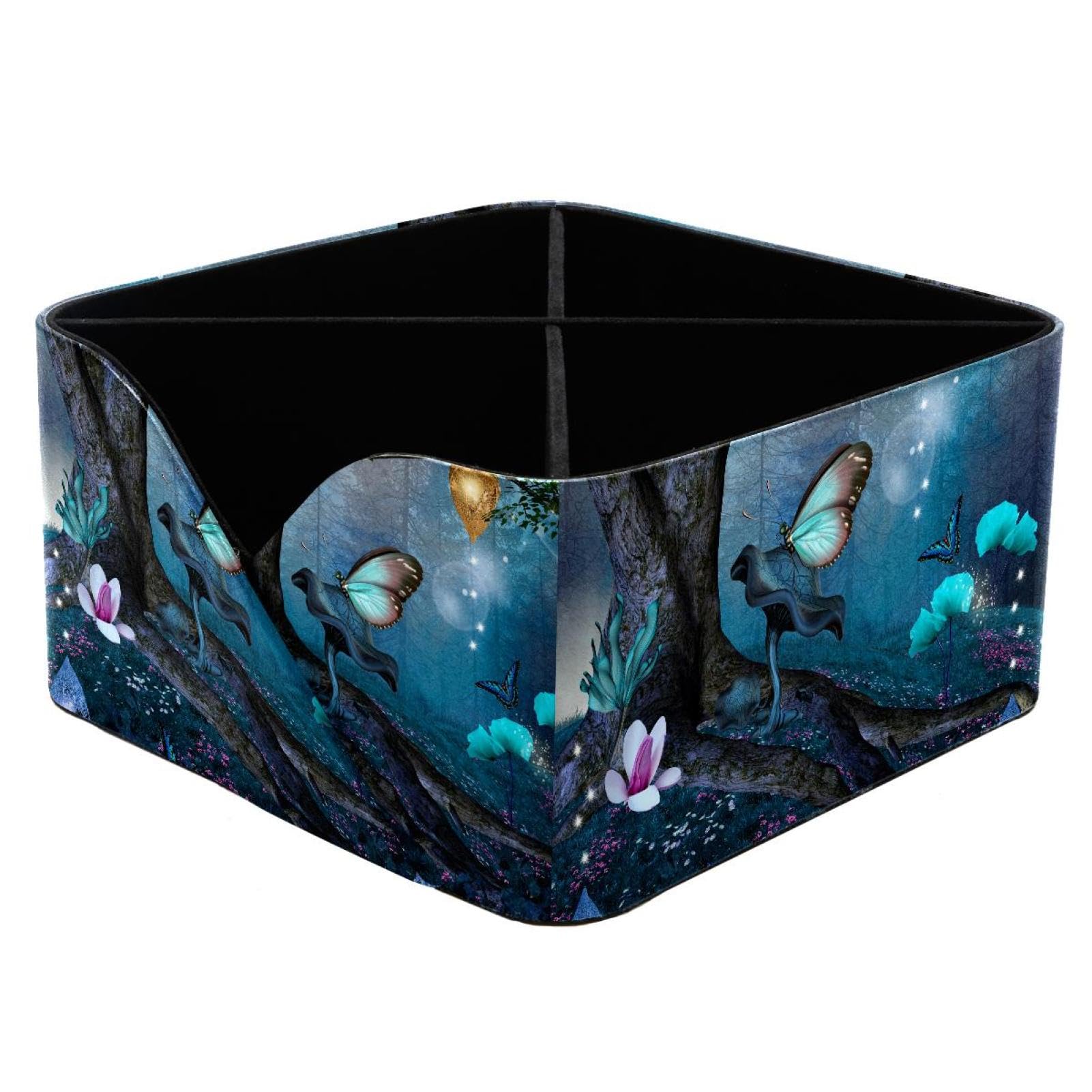 KengjuTesu Forest Blue Flowers and Butterfly Desktop Organizer Pen Holder, Rectangular Pencil Cup for Office, Study and Makeup Stations