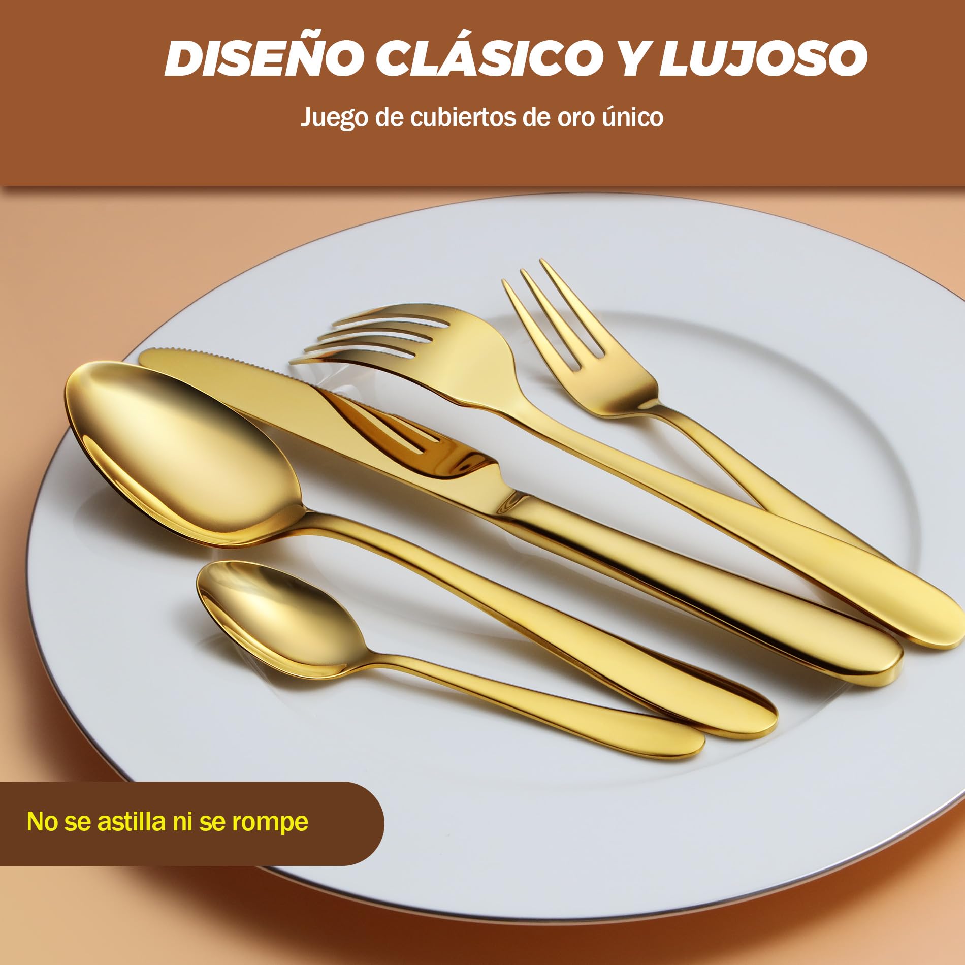 cuberterias dorados completas 6 personas, juego de cubiertos | 30 piezas, acabado espejo, dorada, premium cubiertos acero inoxidable, cuchillo cuchara tenedor, familia/fiesta/hotel