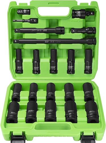 SUNHZ MCKP Juego de 21 llaves de vaso de impacto profundo de 12 pulgada, Cr-MO, juego de llaves métricas (0.394 in - 0.945 in), incluye barras de