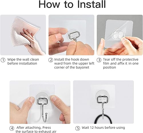 Miniatura 8 de Ganchos adhesivos grandes para colgar, 44 libras (máx.), paquete de 20 ganchos de pared sin clavos, autoadhesivos, transparentes y extraíbles,