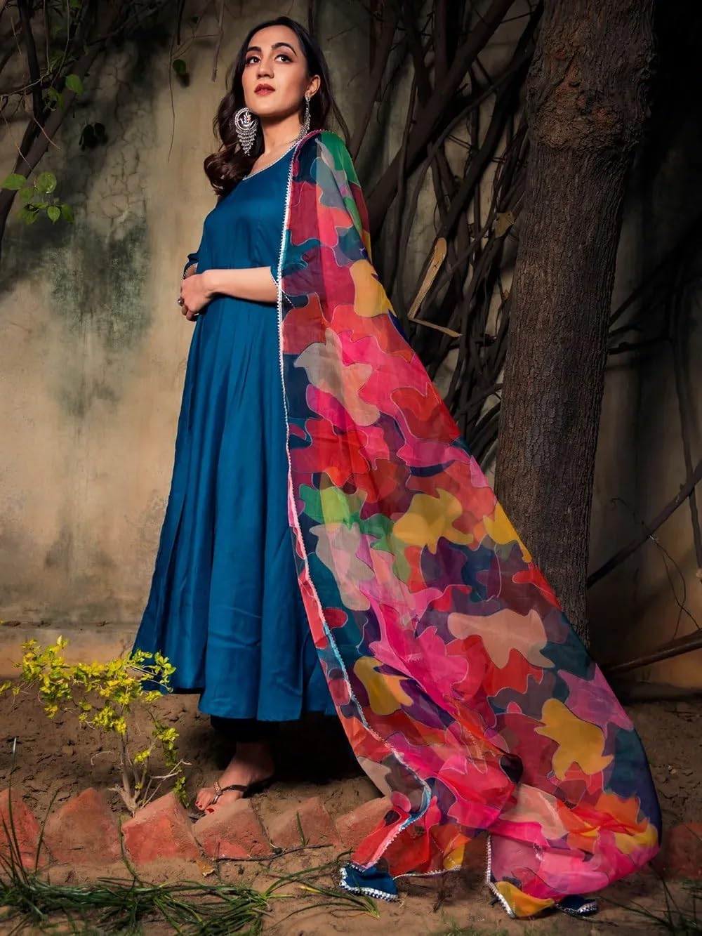 Sugathari Women's Blue Floral Print Tiered Midi Fit & Flare Dress With Digital Printed Dupatta (Dress2 112 Blue 3Xl)