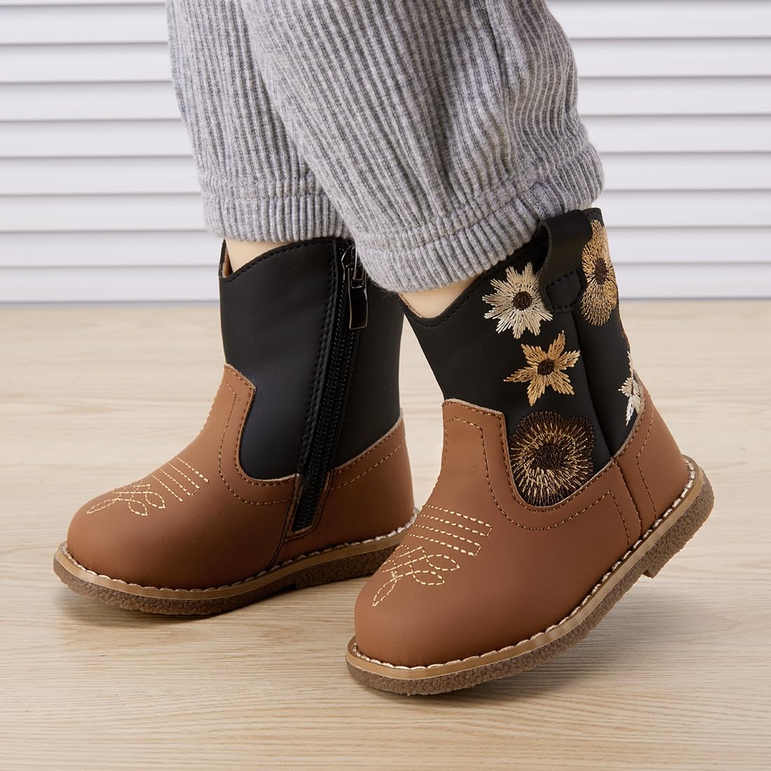 BMCiTYBM Baby Cowboy Cowgirl Boots Infant Western Shoes Boys Girls Round Toe Boots All Seasons 6 9 12 18 24 Months Black Brown Size 12-18 Months Toddler