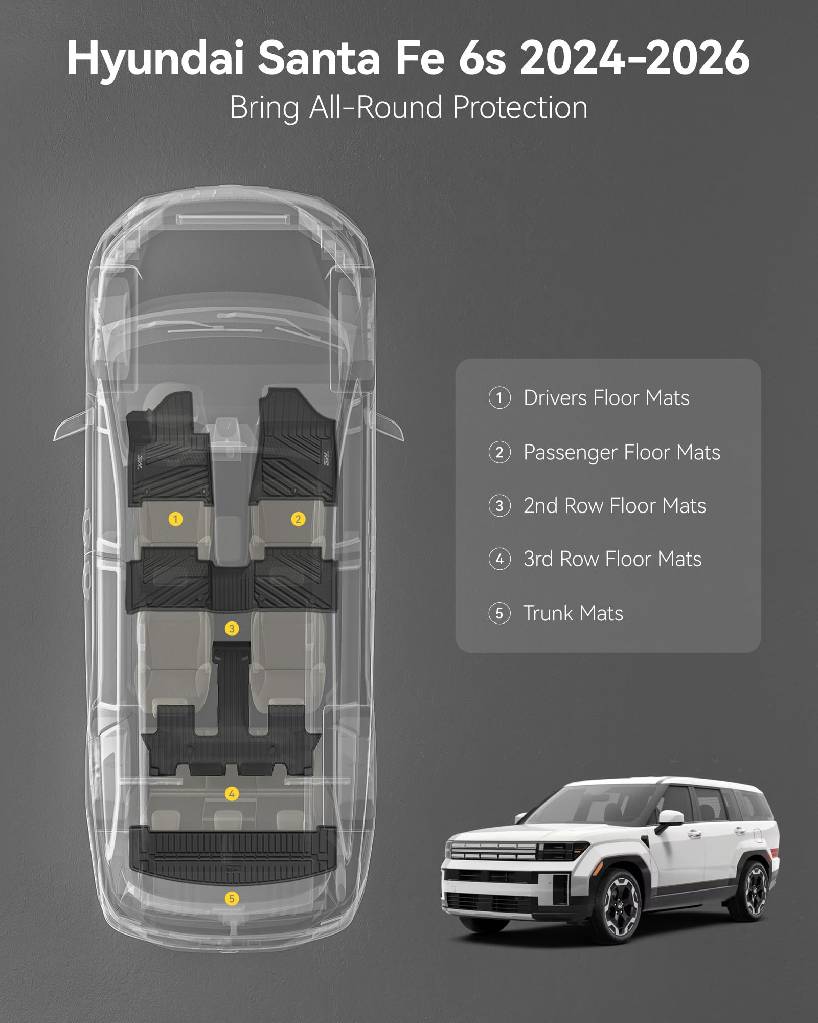 3W Floor Mats Cargo Liner Fit for 2024 2025 2026 Hyundai Santa Fe Not for Hybrid 6 Seats — view 3