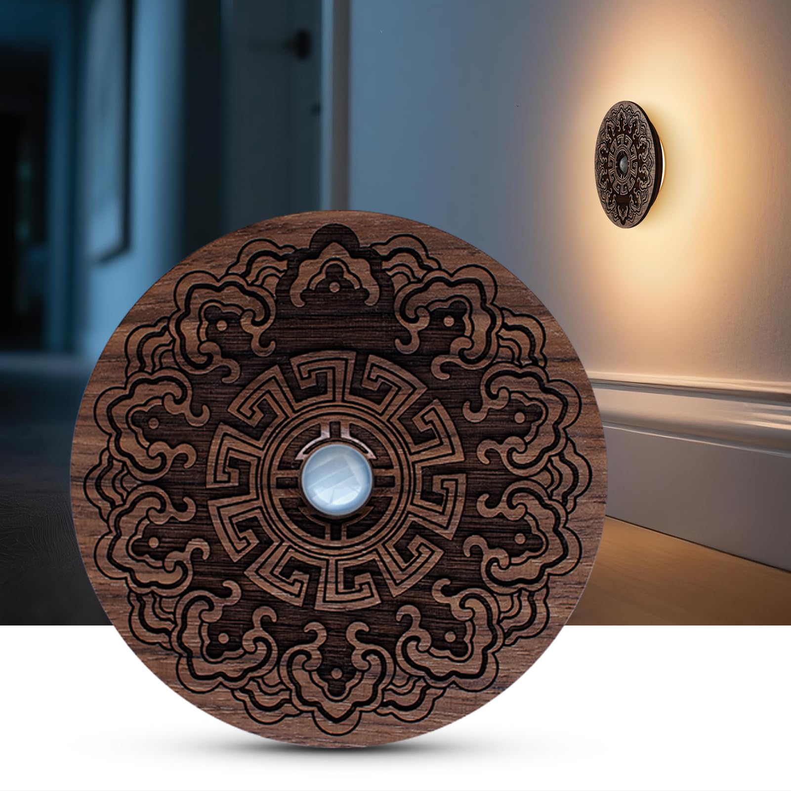 Wood LED Motion Sensor Lights Indoor Carved USB Rechargeable Magnetic Puck Lights Battery Powered Light for Hallway Bedroom Kids Baby Closet Black Walnut 1 Pack