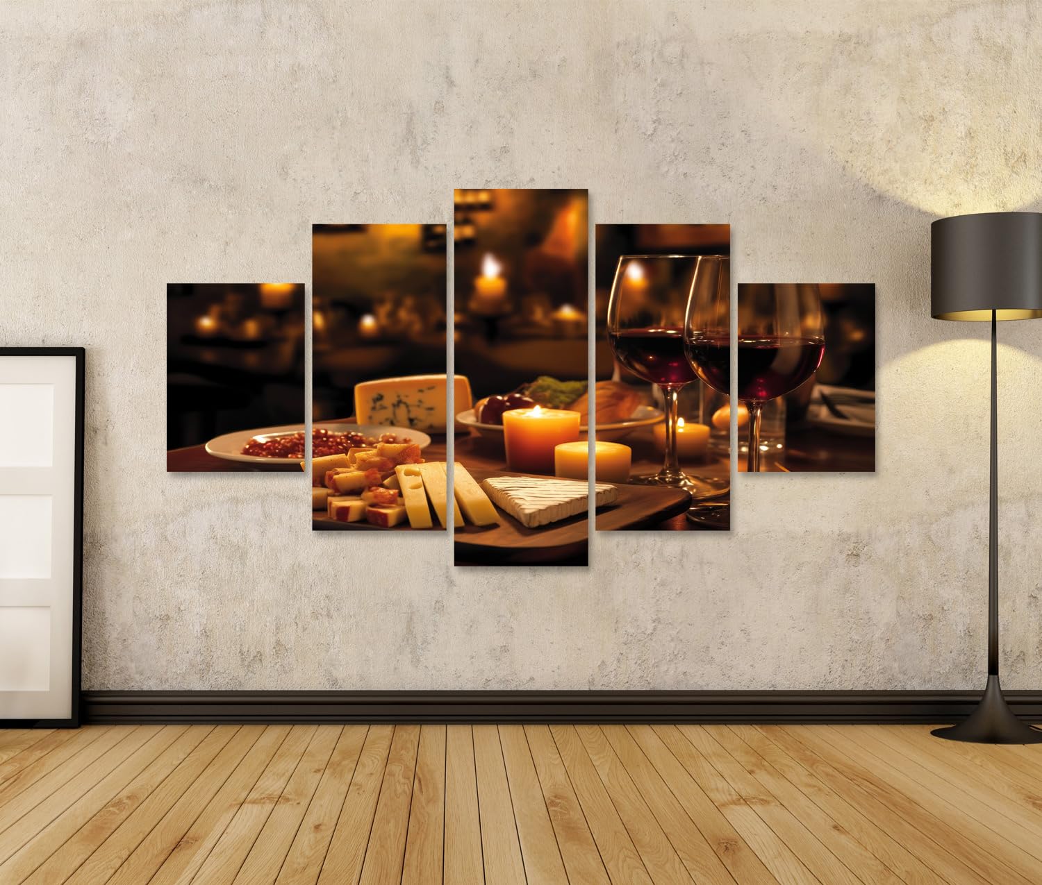 islandburner Bild auf Leinwand Gemütliches Abendessen bei Kerzenschein mit Wein und Käse 2 für Esszimmer Liebhaber Feinkostgeschäft Bilder Wandbilder Poster