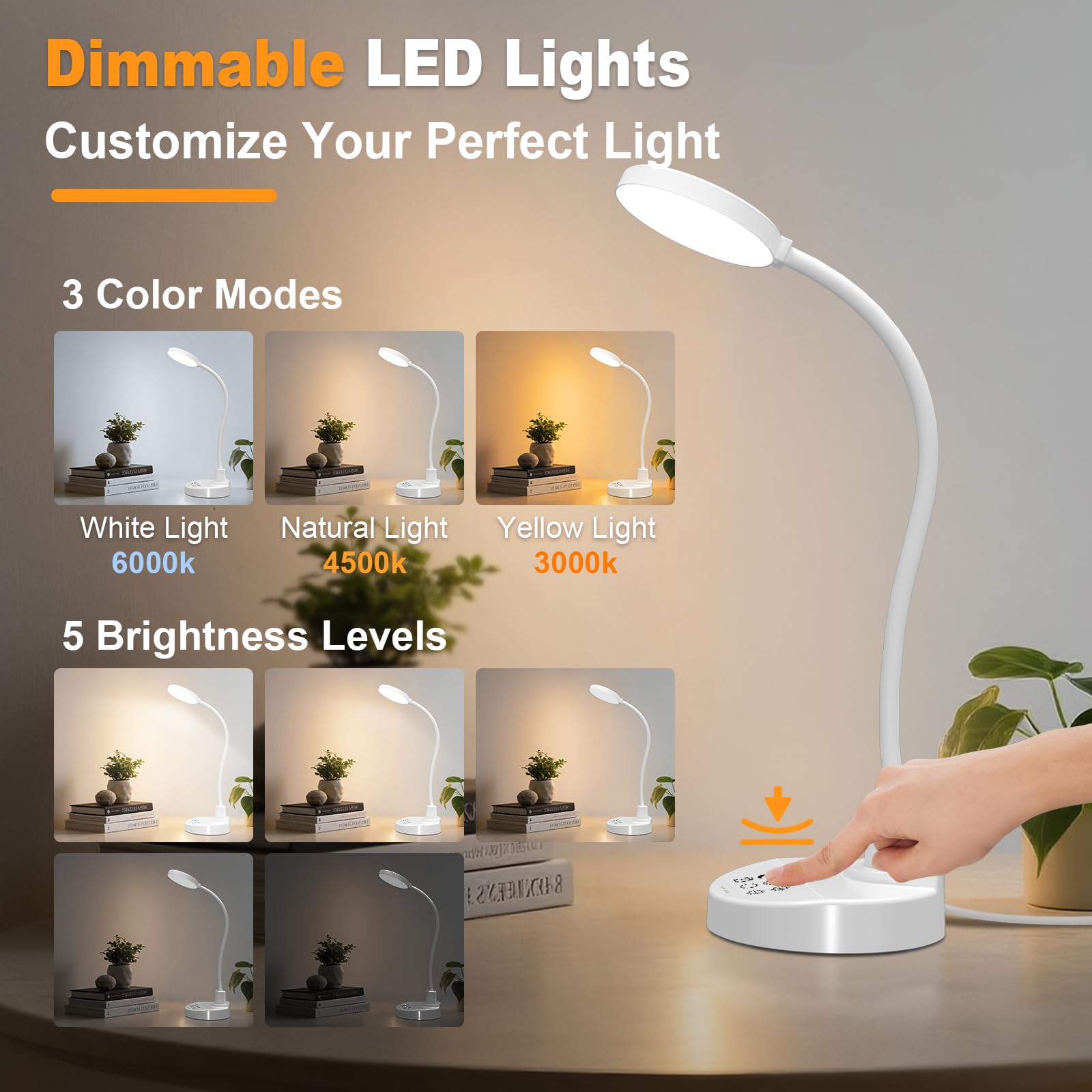 Lámpara de escritorio LED de 15W con USB-A y USB-C – Regulable, 3 temperaturas de color, 5 niveles de brillo, 4 temporizadores, cuello de cisne flexible de 360°, protección de los ojos