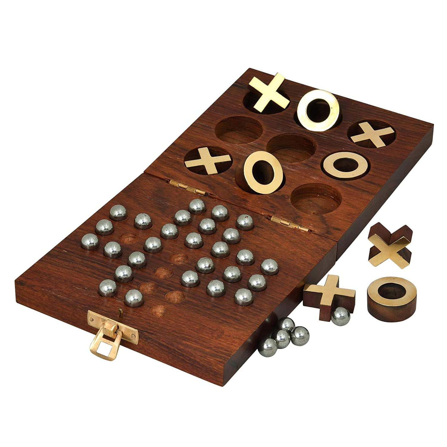 STAR CRAFT Wooden 2-in-1 Solitaire and Tic Tac Toe Game - Handcrafted Pure Rosewood With Brass Work - Noughts and Crosses (Zeero Kata) for Adults